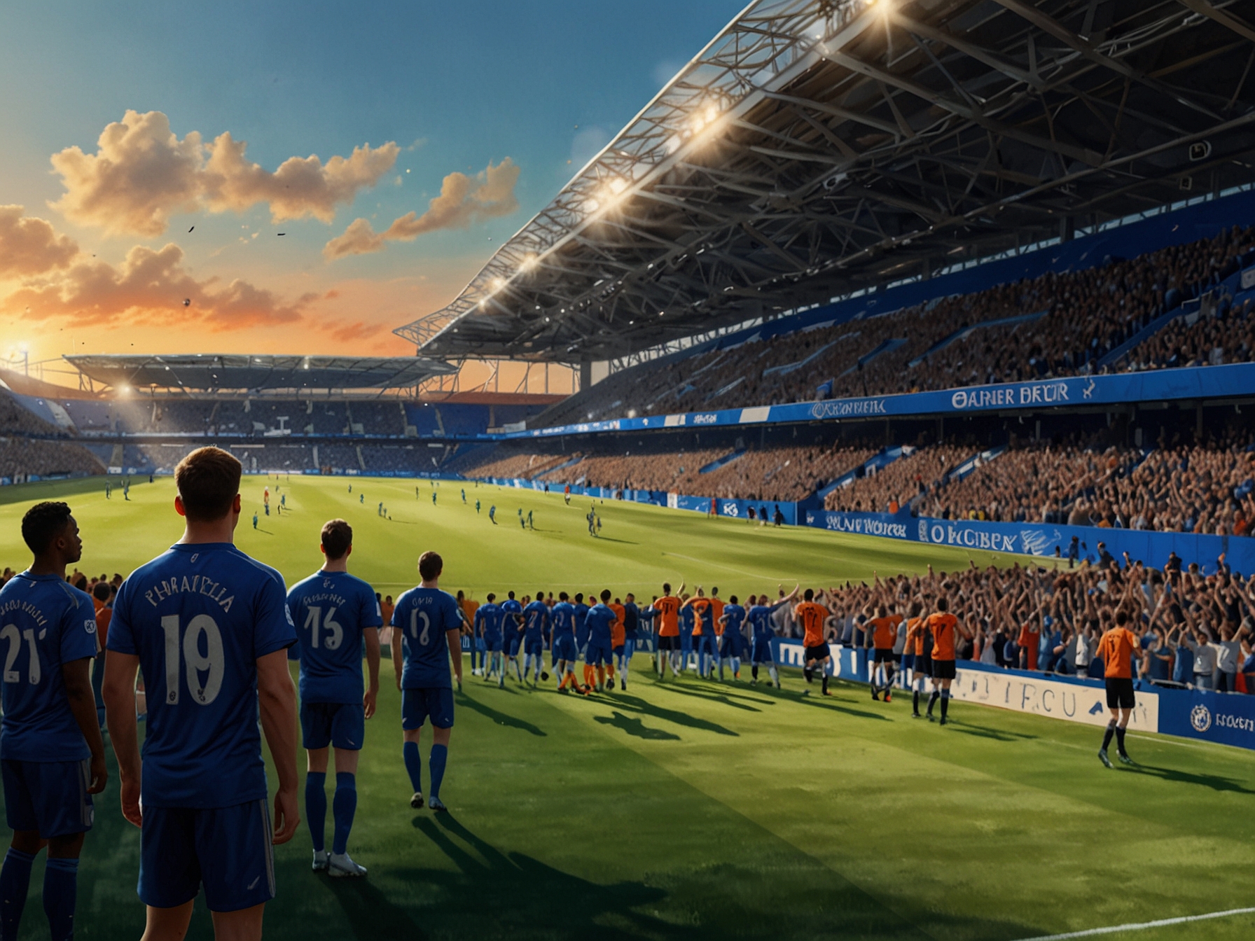 A vibrant scene at King Power Stadium, showcasing Leicester City and Chelsea fans eagerly anticipating the clash, with the stadium filled with colors of both teams as they prepare for the match.