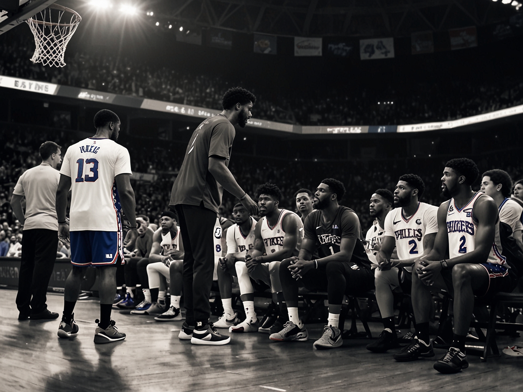 An emotional scene in the basketball arena, showcasing Joel Embiid in action, with fans wearing Sixers gear looking anxious as Paul George is being attended by medical staff after an injury.