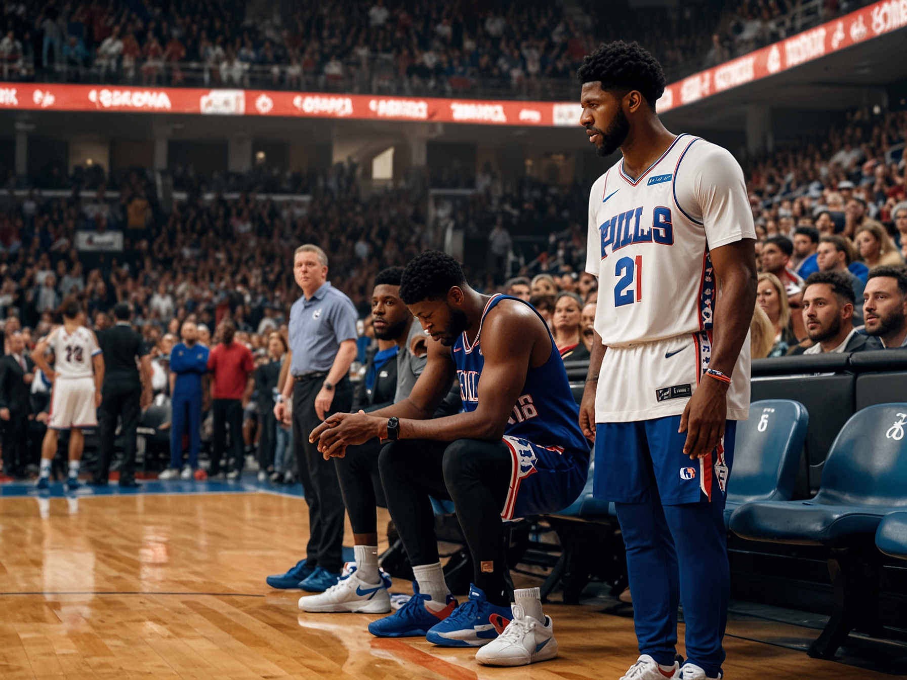 The Philadelphia 76ers bench, with players looking dejected and fans showing disappointment in the stands after another tough loss in a critical game.
