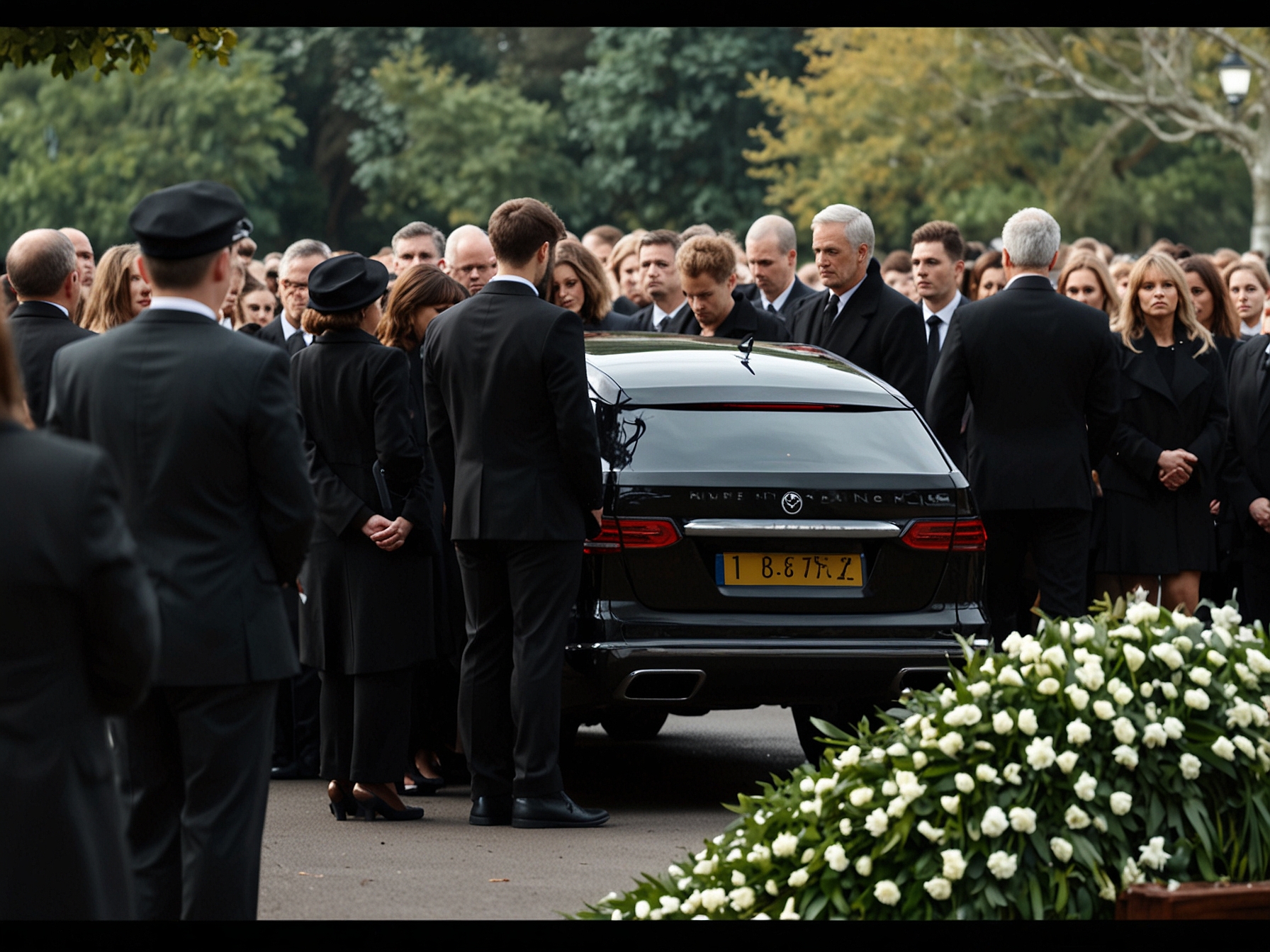A somber scene at Liam Payne's funeral with mourners, including Cheryl Cole dressed in black, holding a heartfelt wreath dedicated to Liam, symbolizing loss and remembrance.