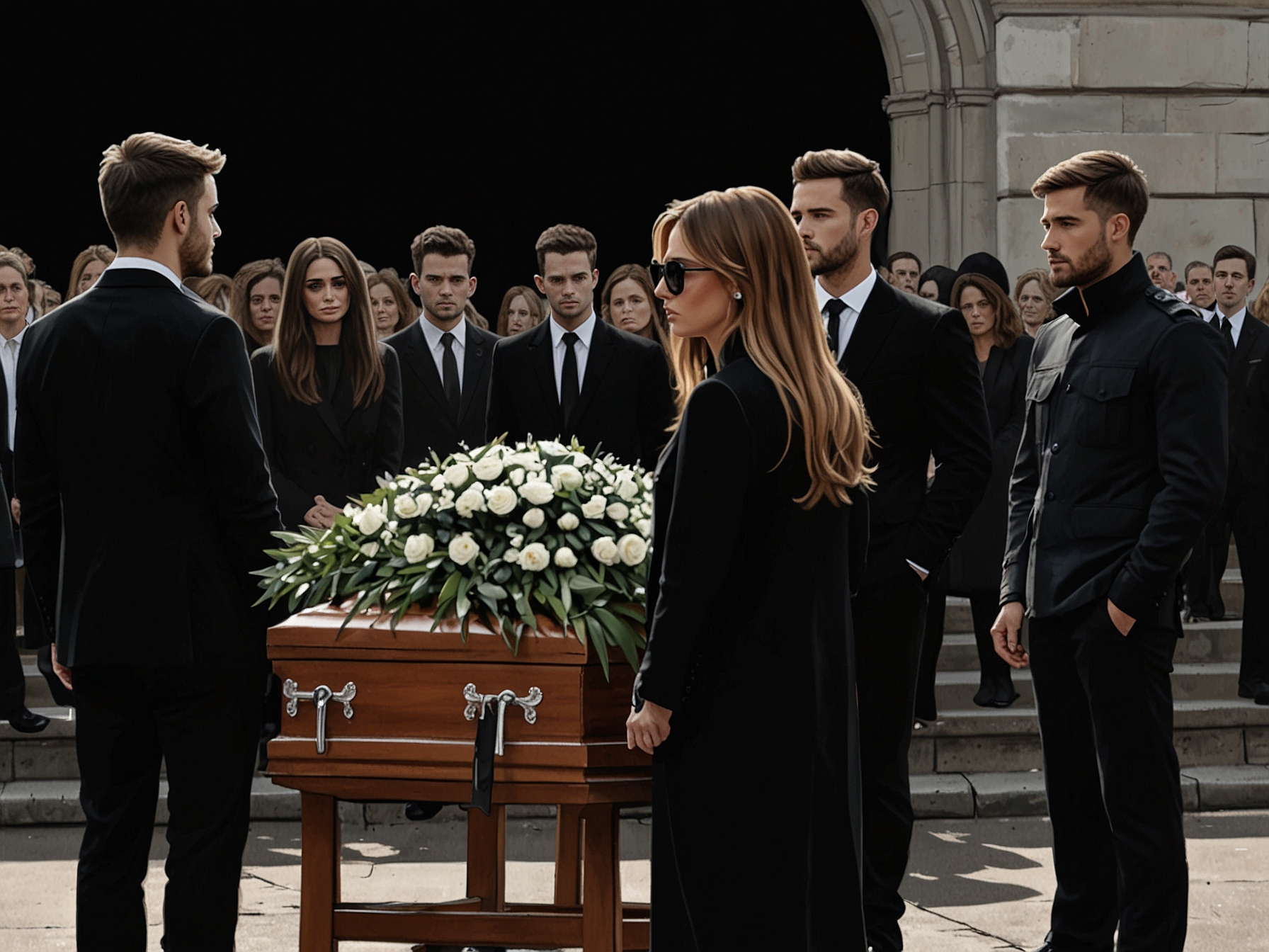 Kate Cassidy, Liam's girlfriend, stands amongst mourners, dressed elegantly in a black maxi dress, displaying her sorrow as she reflects on her lost love.