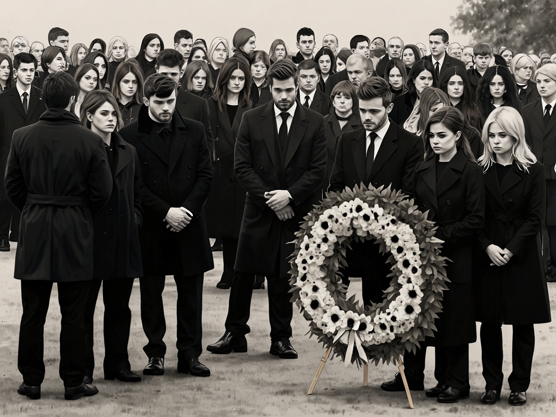 Reunited members of One Direction share a moment of remembrance, exchanging smiles and tears, capturing the bond of friendship amid collective grief at Liam's funeral.