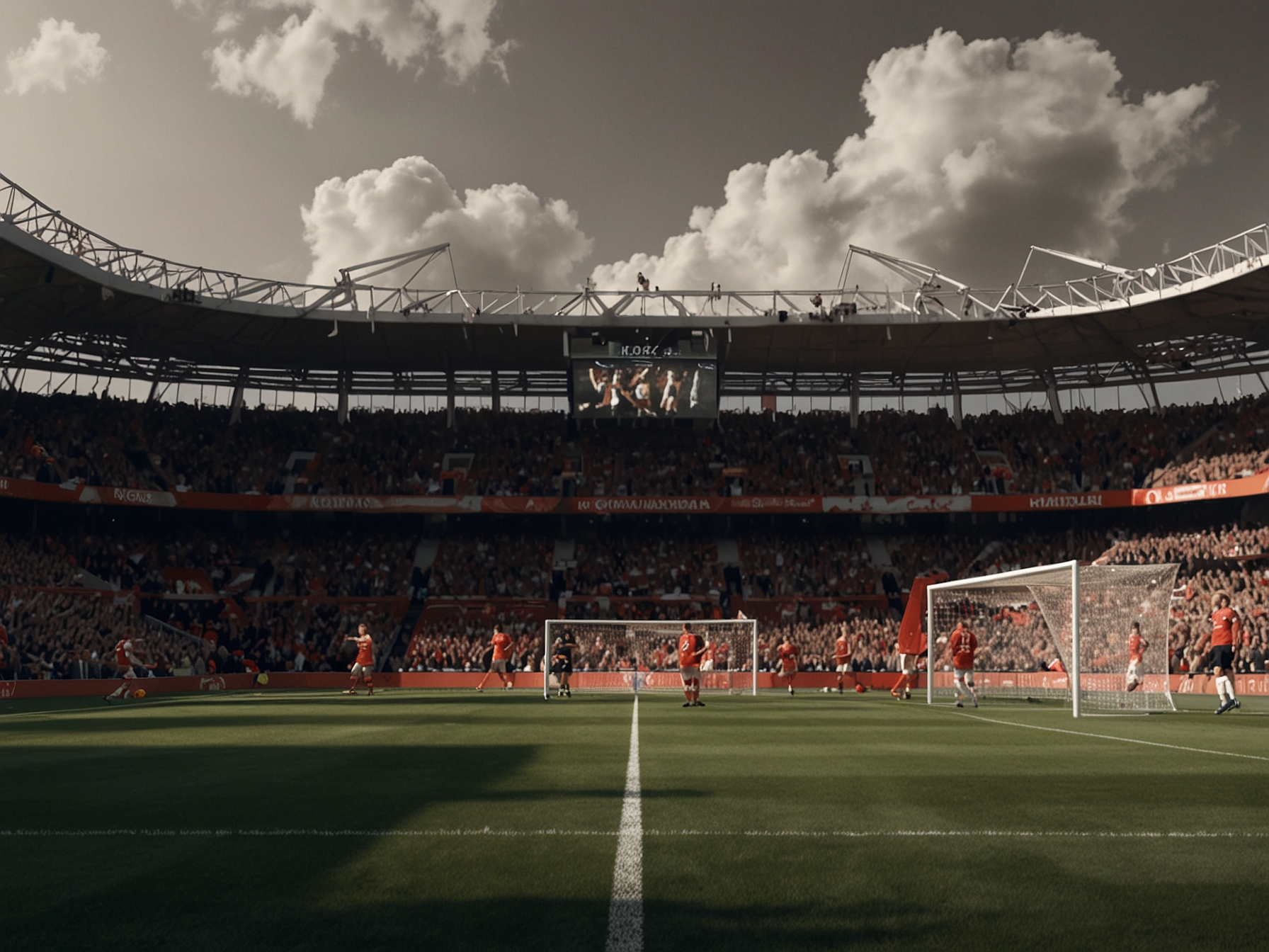 A tense Arsenal match at the Emirates Stadium, showcasing players in action, with fans displaying banners and signs, capturing the emotional strain of the current season.