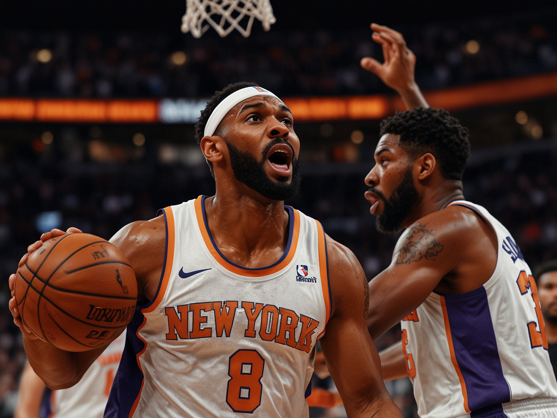 An intense moment from an NBA game featuring the New York Knicks and Phoenix Suns, capturing players in action, showcasing the rivalry and competitive spirit of both teams.