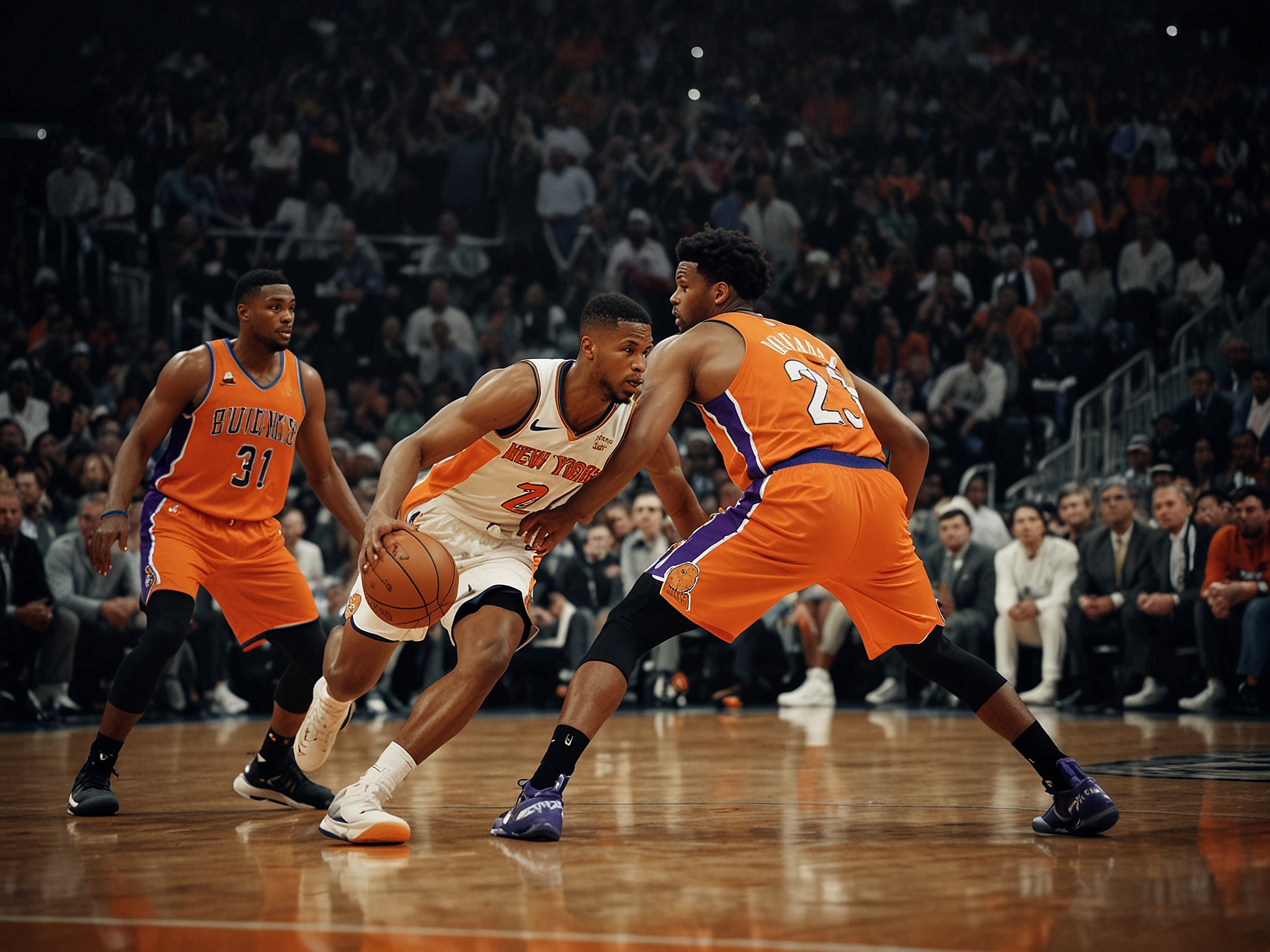 Close-up of star players Julius Randle of the Knicks and Kevin Durant of the Suns, both displaying determination and focus as they prepare for an important matchup.