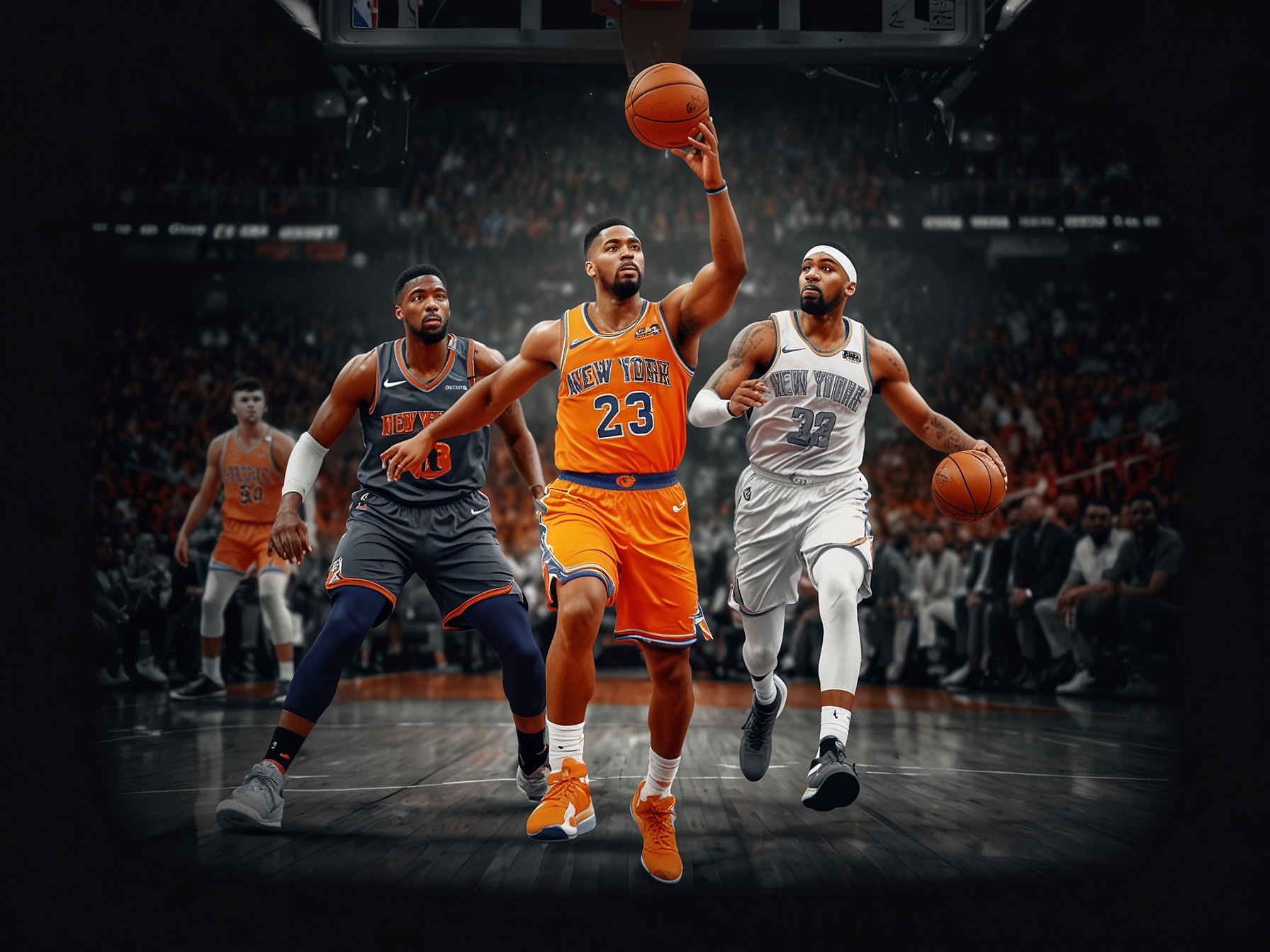 A packed basketball arena with fans representing both the Knicks and Suns, highlighting the electric atmosphere and excitement surrounding the game.