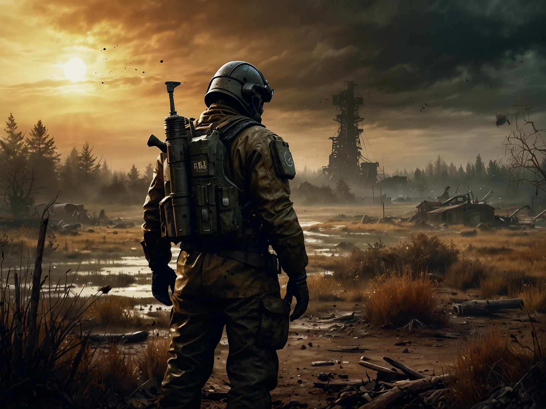 A dramatic scene set in the S.T.A.L.K.E.R. 2 landscape, showcasing a player character with upgraded armor surveying a hazardous environment filled with radiation warnings and scattered debris.
