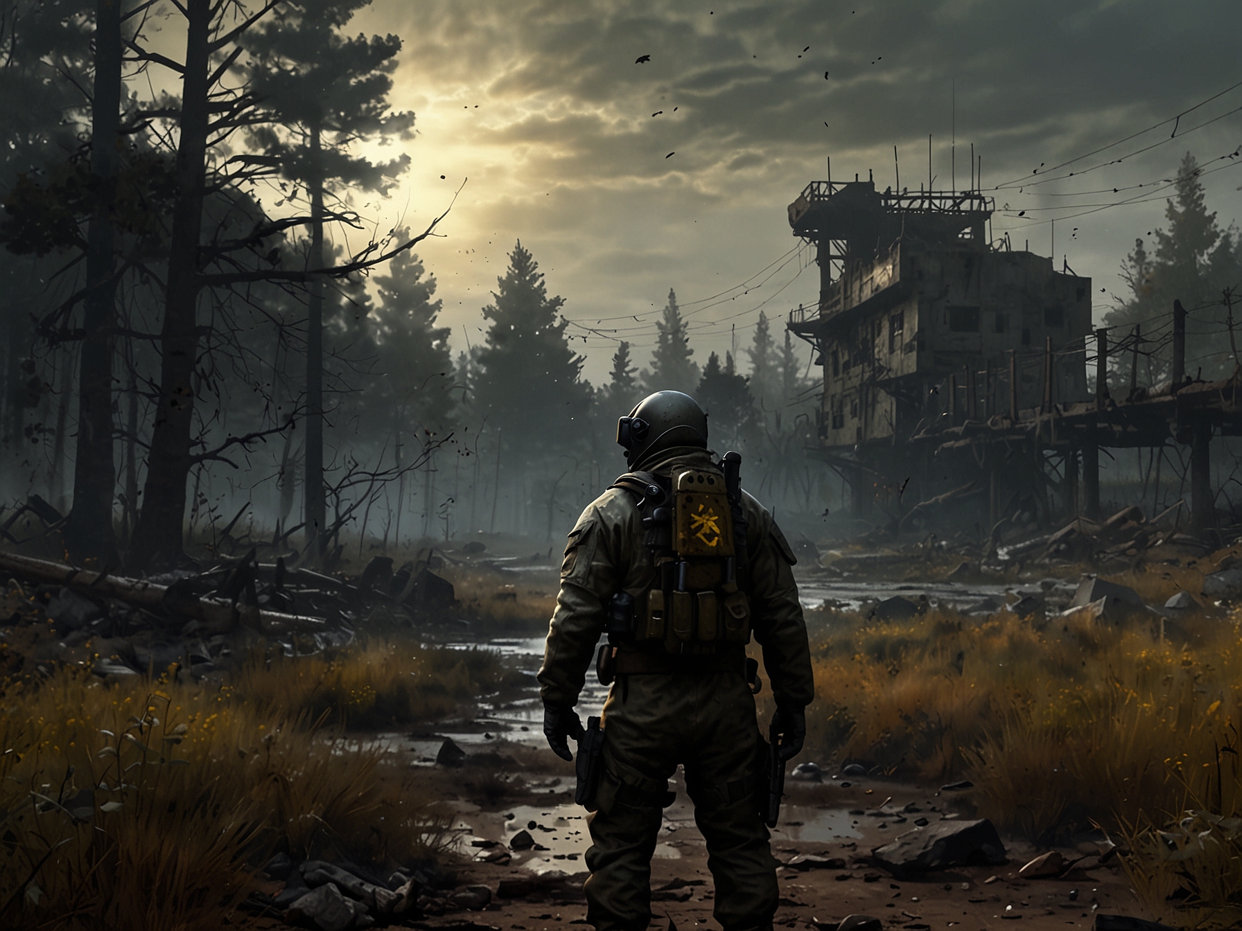 An image of the Trader NPC in S.T.A.L.K.E.R. 2, surrounded by various armor pieces and upgrade options, emphasizing the importance of dialogue and resource gathering.