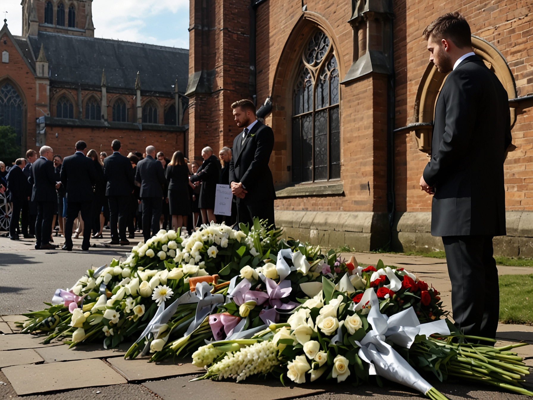A somber scene at St. Mary's Church in Amersham, where Liam Payne's funeral takes place. Mourners gather, paying their respects amid a backdrop of floral tributes and emotional farewells.