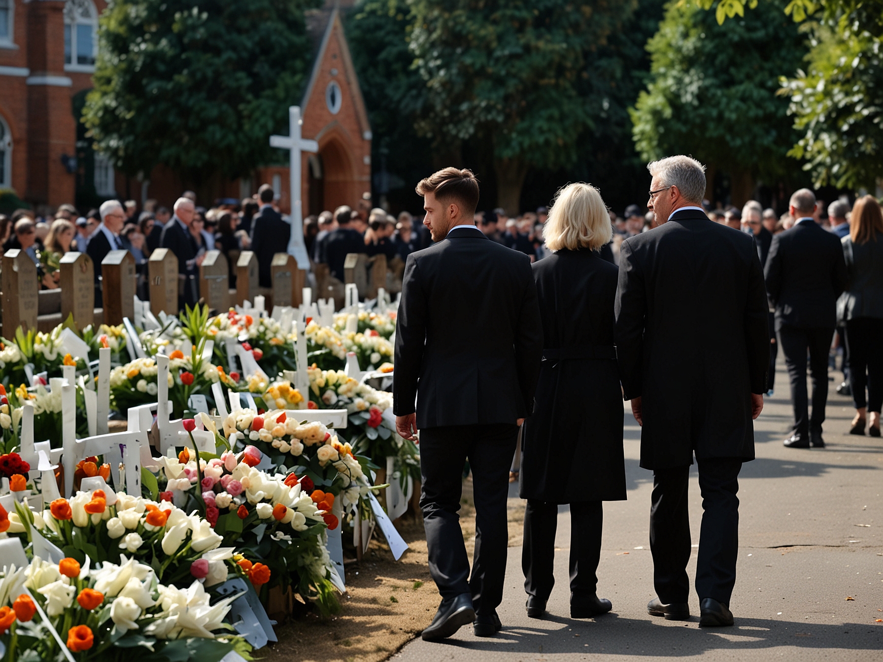 A close-up of a floral arrangement at Liam's funeral, symbolizing love and remembrance, with soft lighting casting a gentle glow over the tribute.