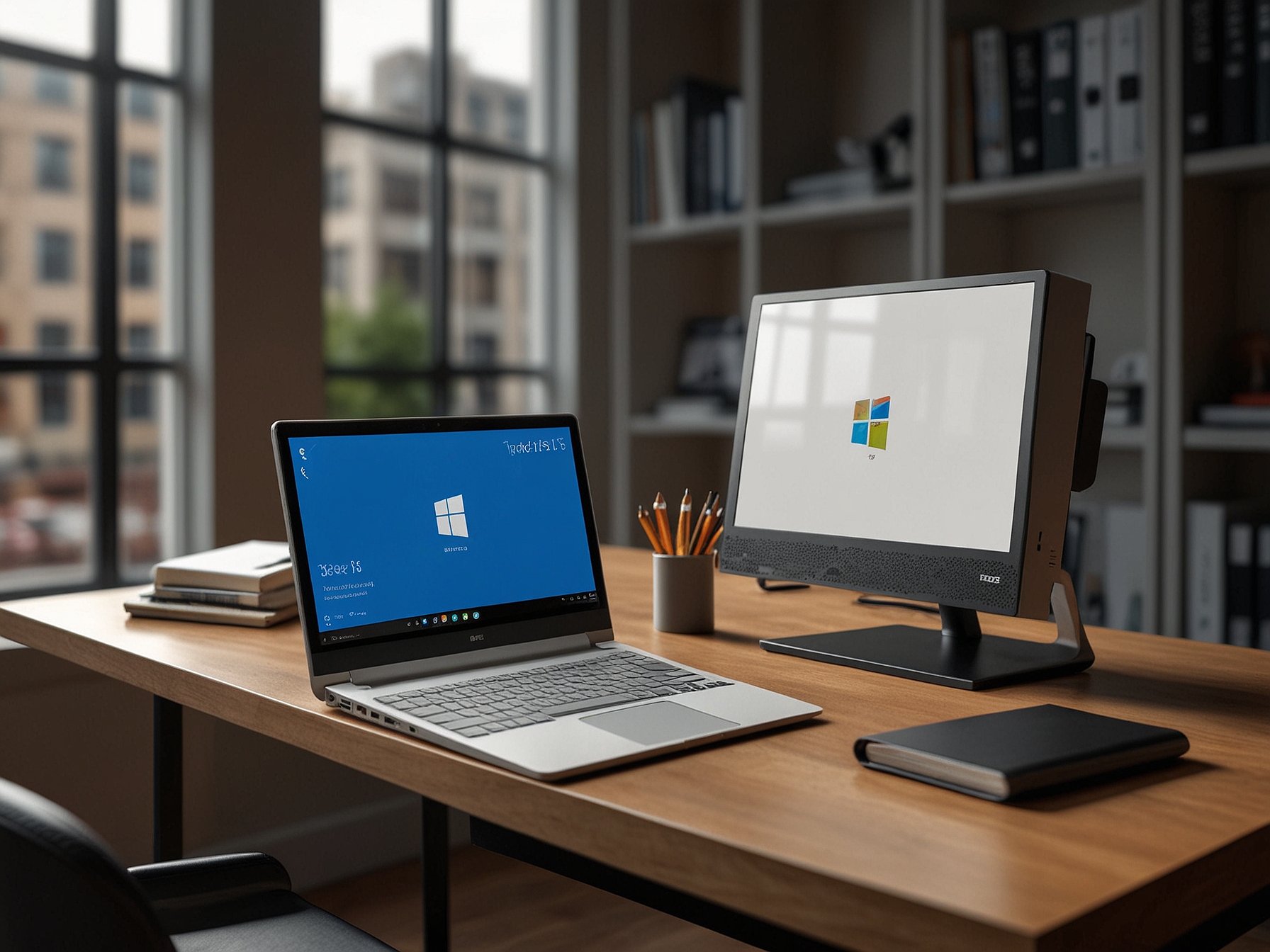 A sleek and modern Windows 365 Link device displayed on a stylish desk, showcasing its compact design and technological features surrounded by office supplies.