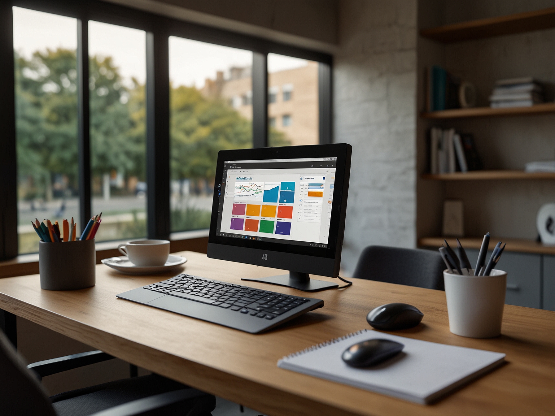 An individual using Windows 365 Link in a coffee shop, highlighting the portability and convenient access to cloud-based documents and projects.