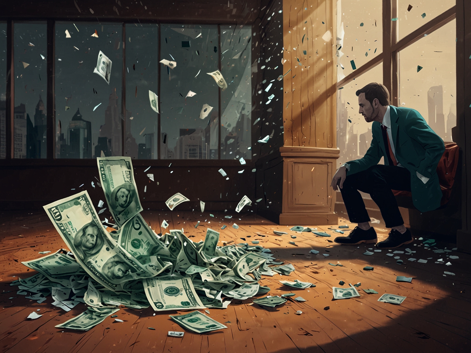An image depicting a broken trust theme with shattered glass and currency notes scattered, symbolizing the financial betrayal in peer-to-peer lending.