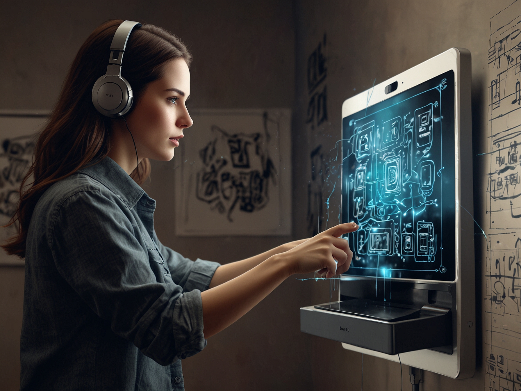 An illustration depicting a person interacting with an AI device, with artistic sketches transforming into polished artworks, symbolizing the blend of creativity and technology.