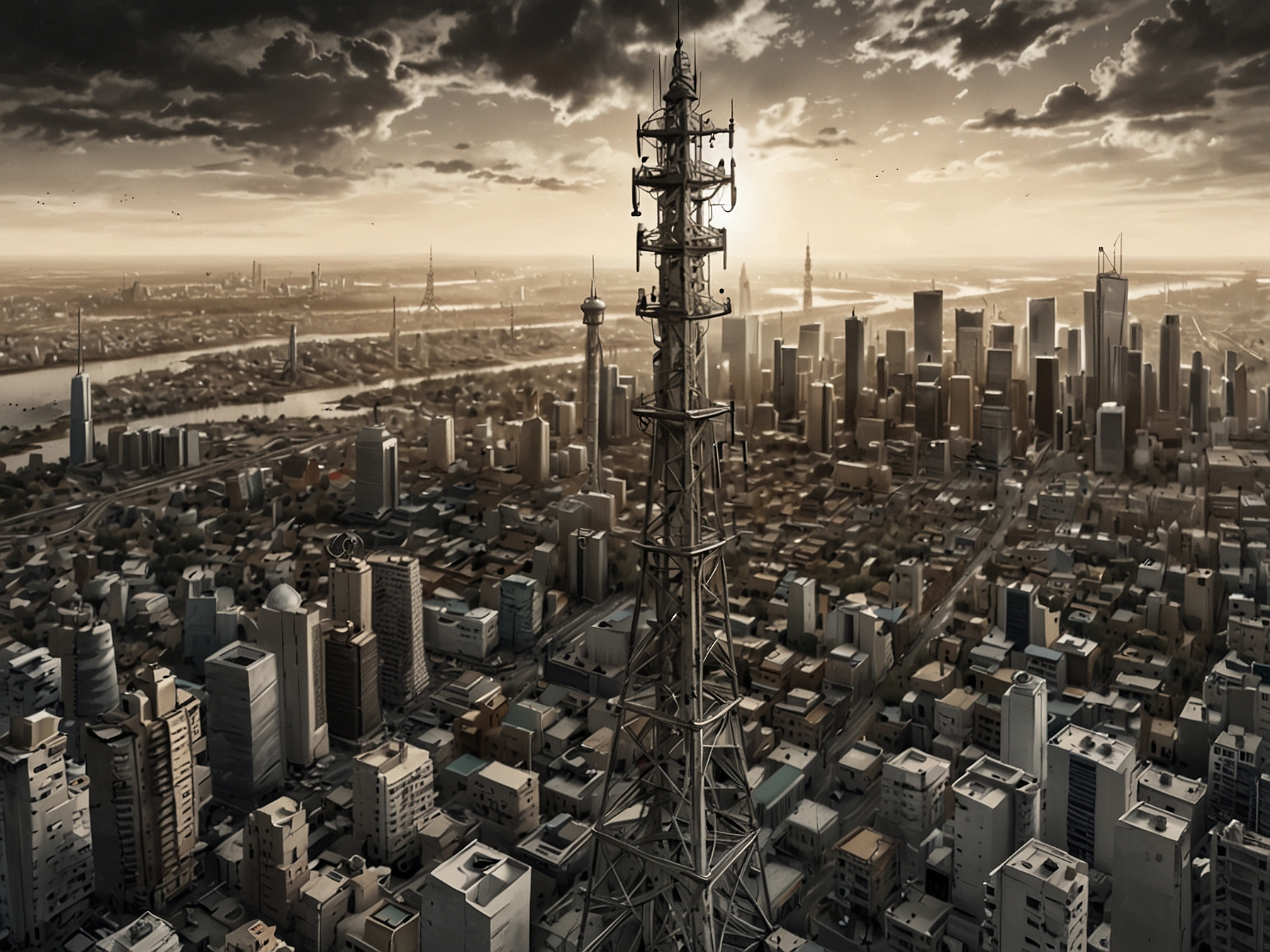 An aerial view of a bustling cityscape in India showcasing telecom infrastructure like cell towers and fiber optics, symbolizing the future of connectivity with 5G technology.