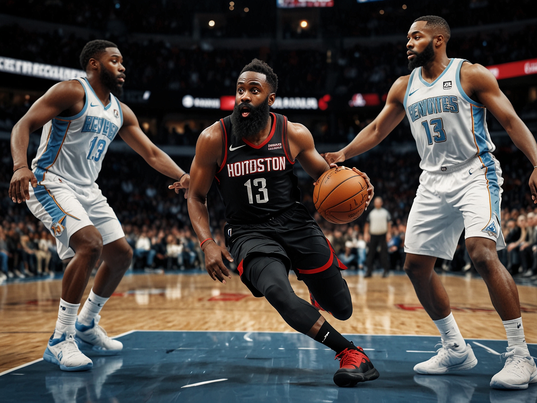 James Harden drives toward the basket with determination, surrounded by defenders during a fast-paced NBA game against the Orlando Magic, highlighting his athleticism and skill.