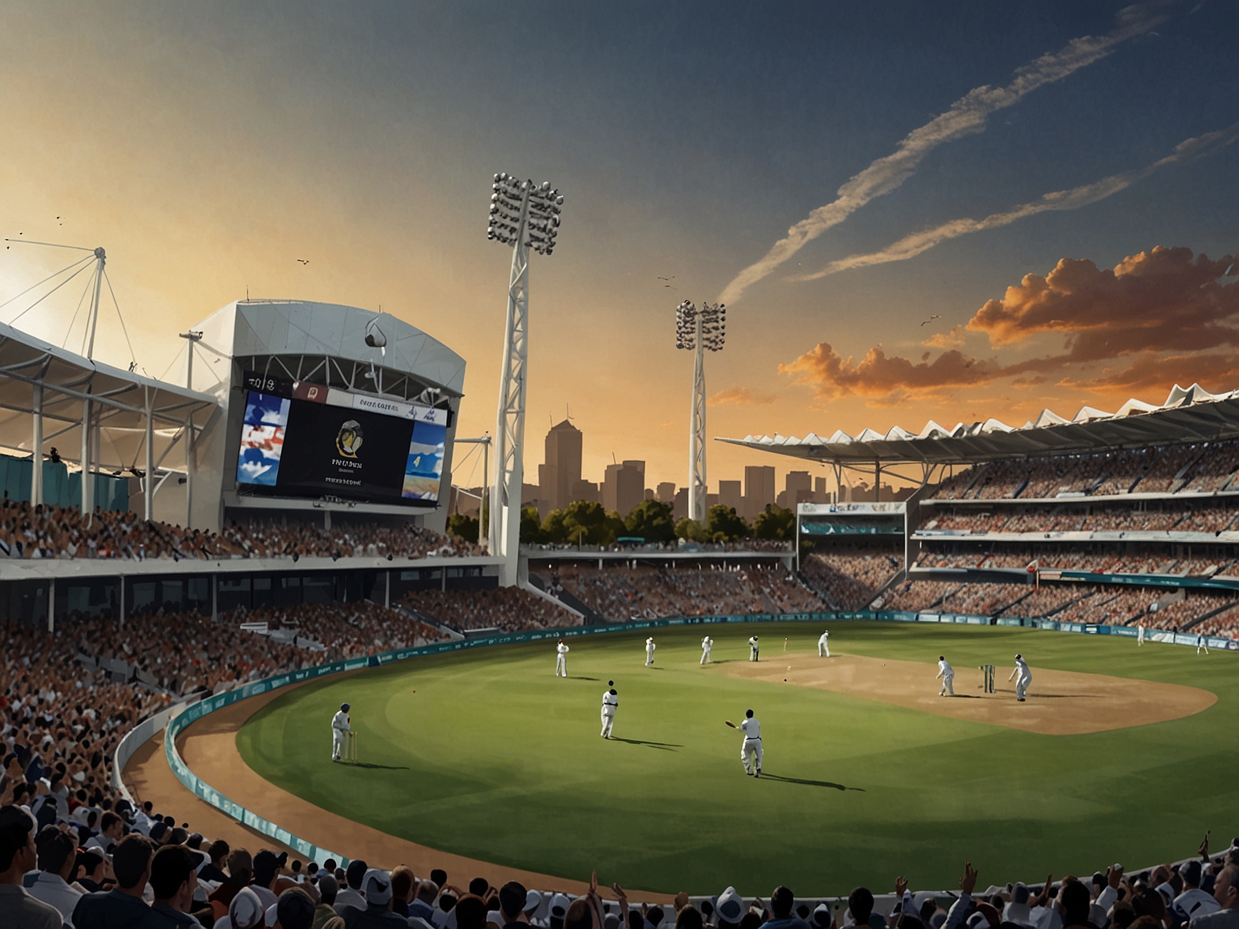 An intense cricket match scene at the Perth stadium, highlighting players in action with a packed crowd. Symbolizes India's strategy debates ahead of a crucial Test against Australia.