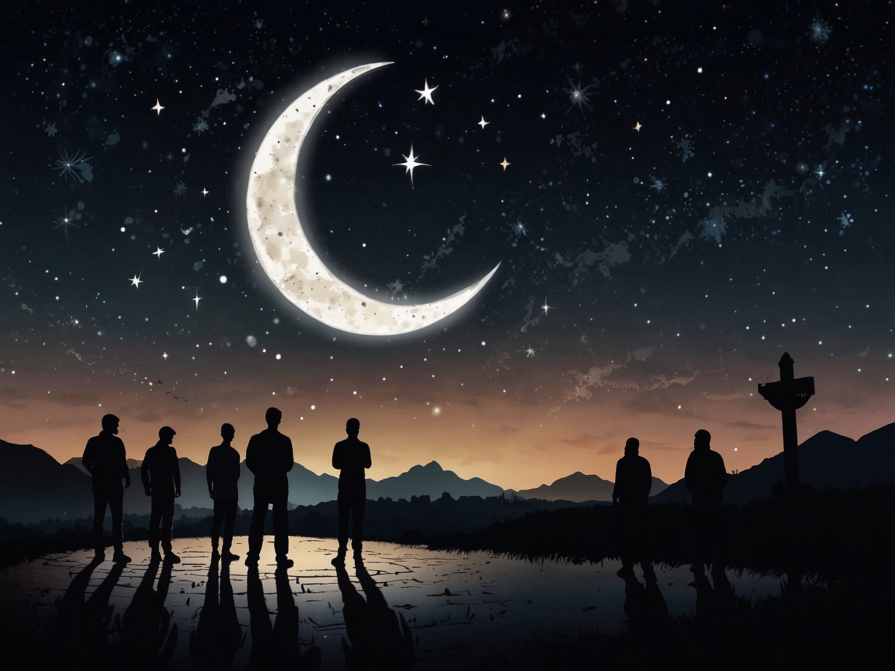 A serene scene of a crescent moon in a night sky signifying the start of Ramadan, with silhouettes of people gathered in prayer and reflection.
