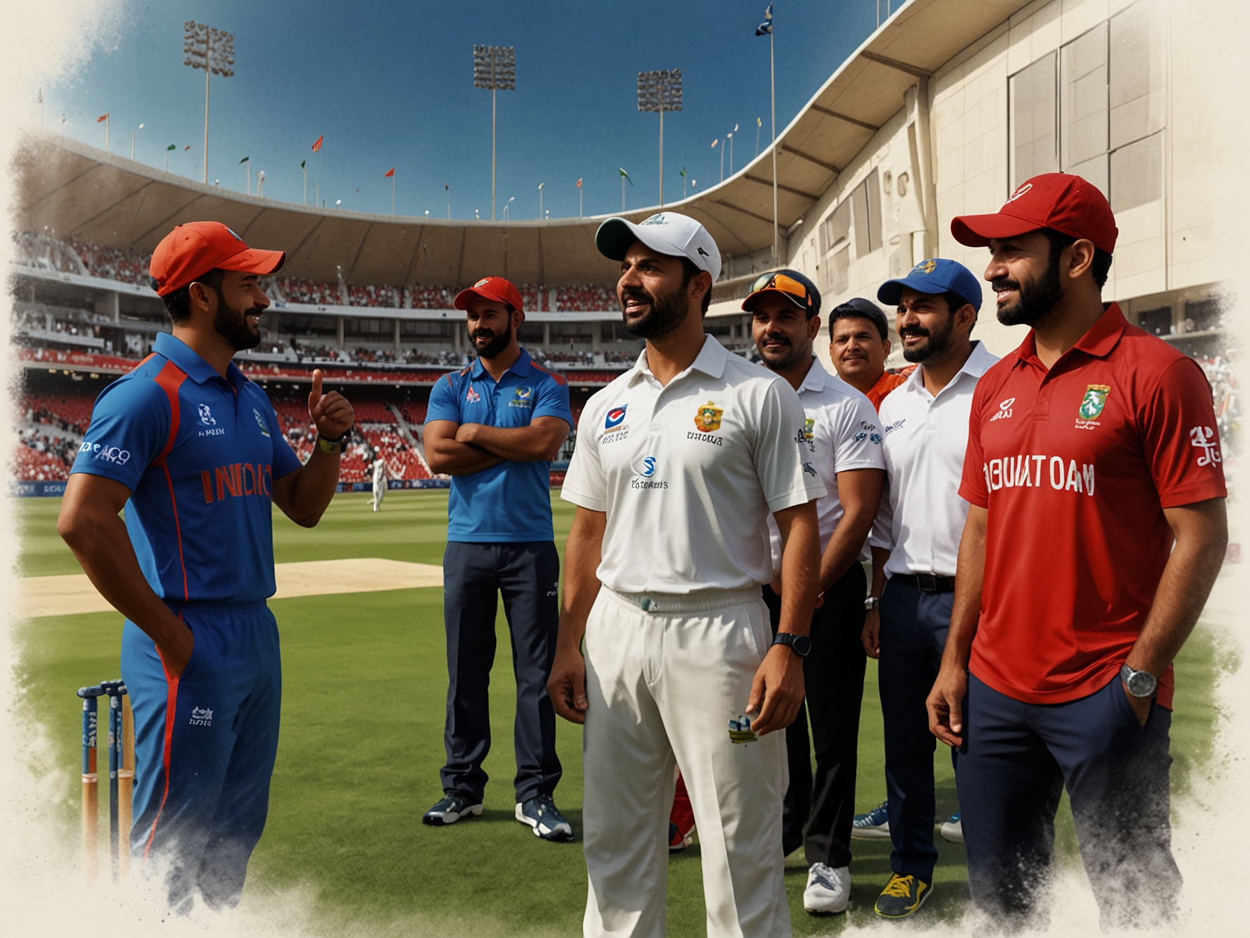 A vibrant scene at Zayed Cricket Stadium with team captains addressing the media, showcasing their enthusiasm and aspirations for the upcoming T10 cricket league season. Fans and reporters surround the captains, capturing the excitement of the moment.