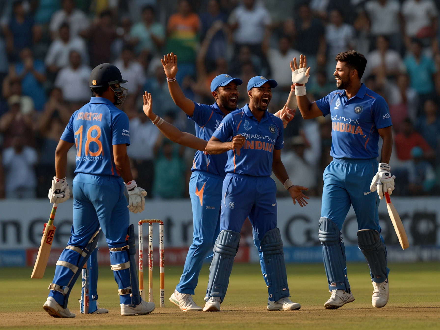 An action shot of Hardik Pandya celebrating a wicket on the field, with teammates applauding him, showcasing the excitement of cricket as they rise in T20I rankings.
