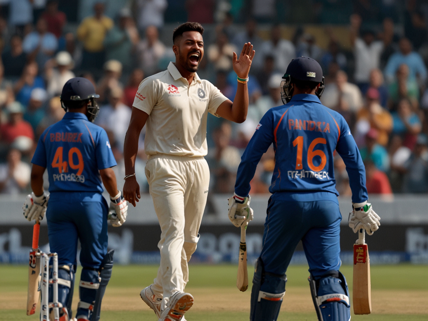 A close-up of Tilak Varma in batting stance, bat raised triumphantly after scoring, capturing the spirit of youth and emerging talents in Indian cricket.