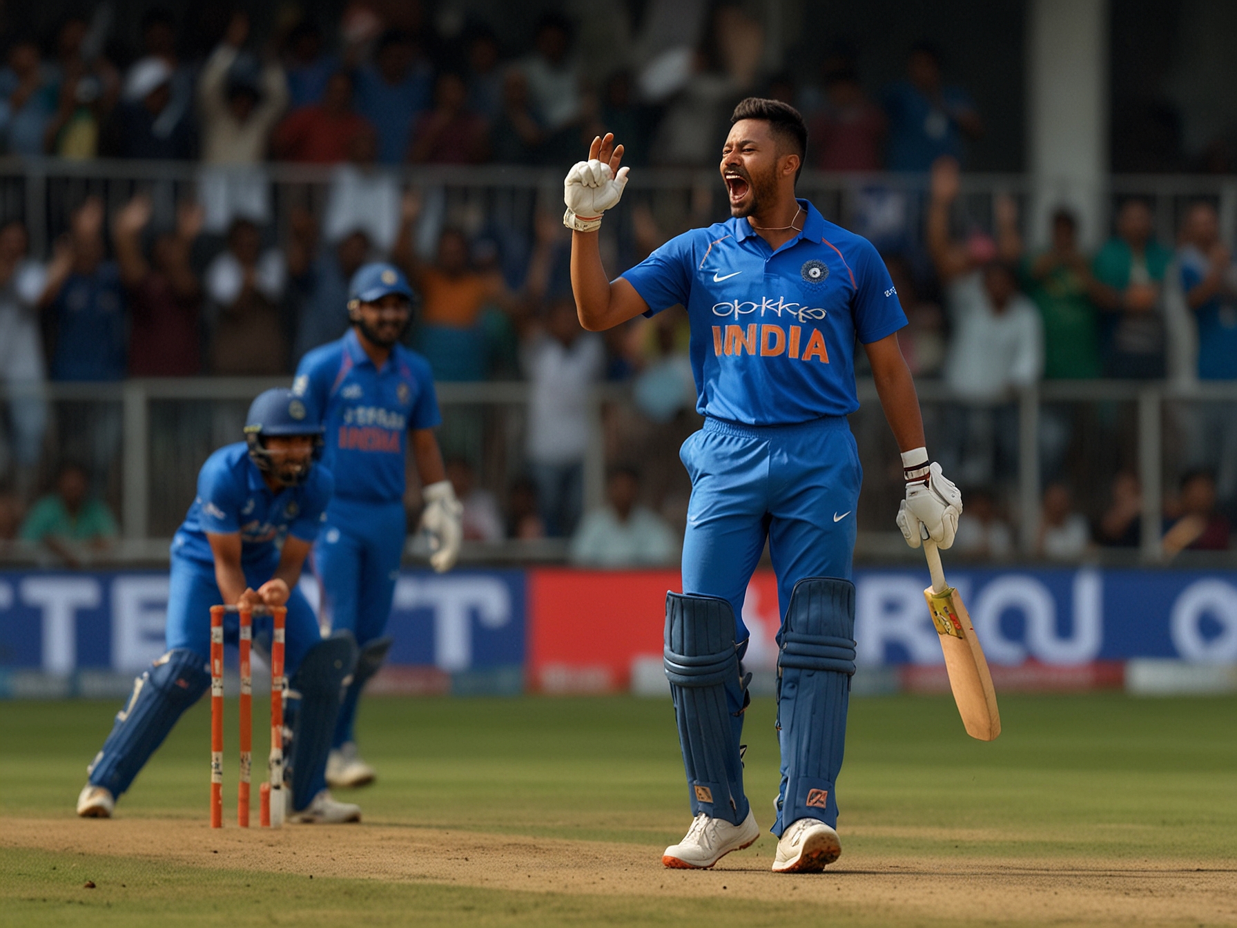 A dynamic team huddle of the Indian cricket squad, united in celebration, symbolizing teamwork and shared ambition as they strive for excellence in international cricket.