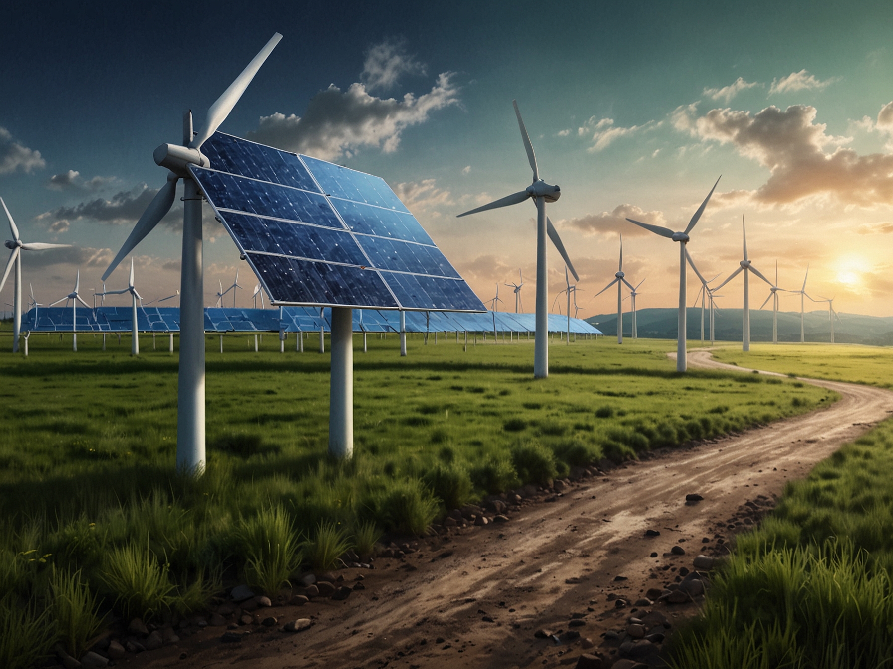 An illustration showing renewable energy sources, including wind turbines and solar panels, symbolizing the NTPC Green Energy IPO and the shift towards sustainable investments in the energy sector.