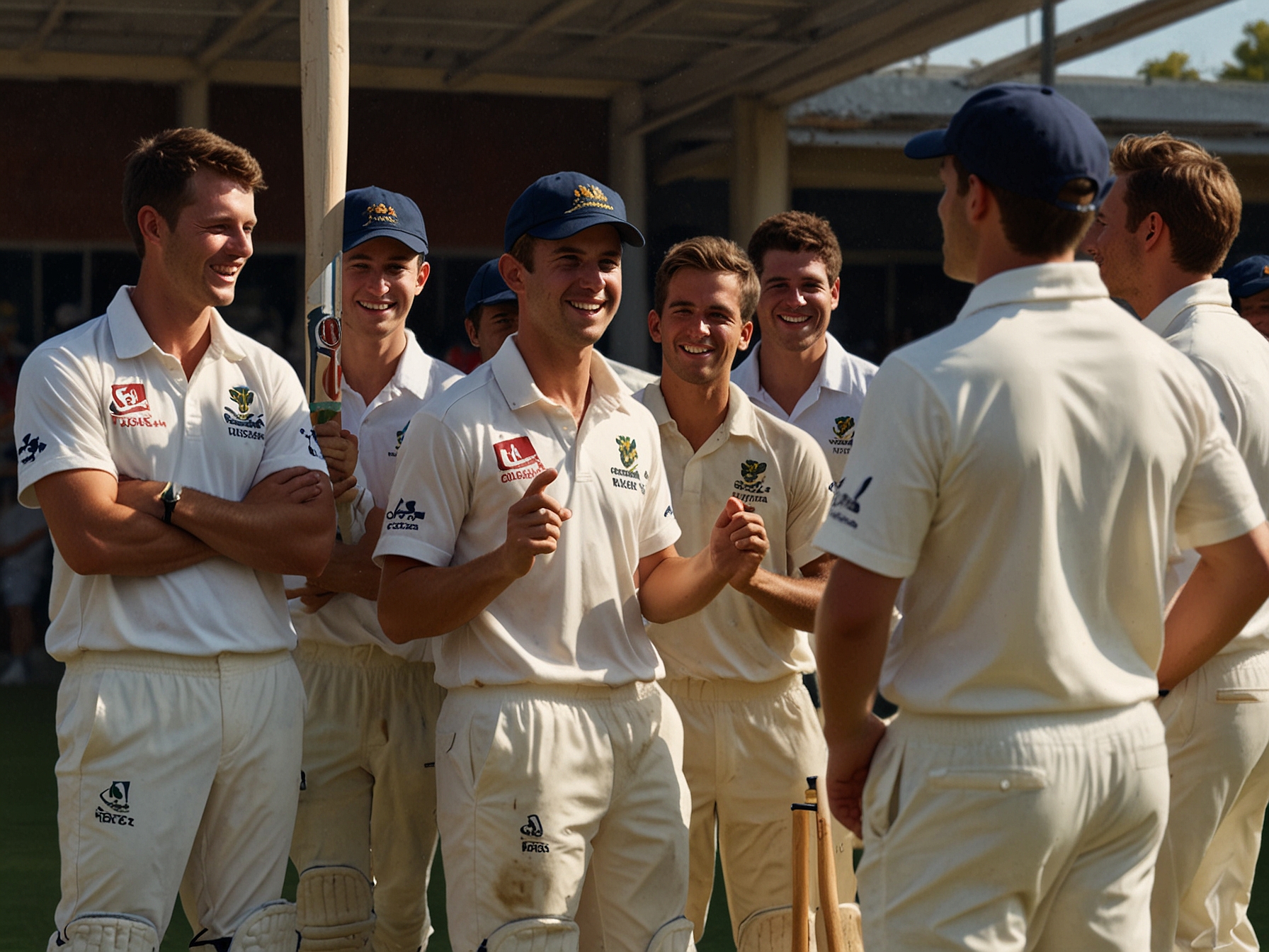 A young cricketer, Nathan McSweeney, practicing at WACA with a cricket bat, surrounded by teammates giving him supportive nods, highlighting both pressure and camaraderie as he prepares for his debut.