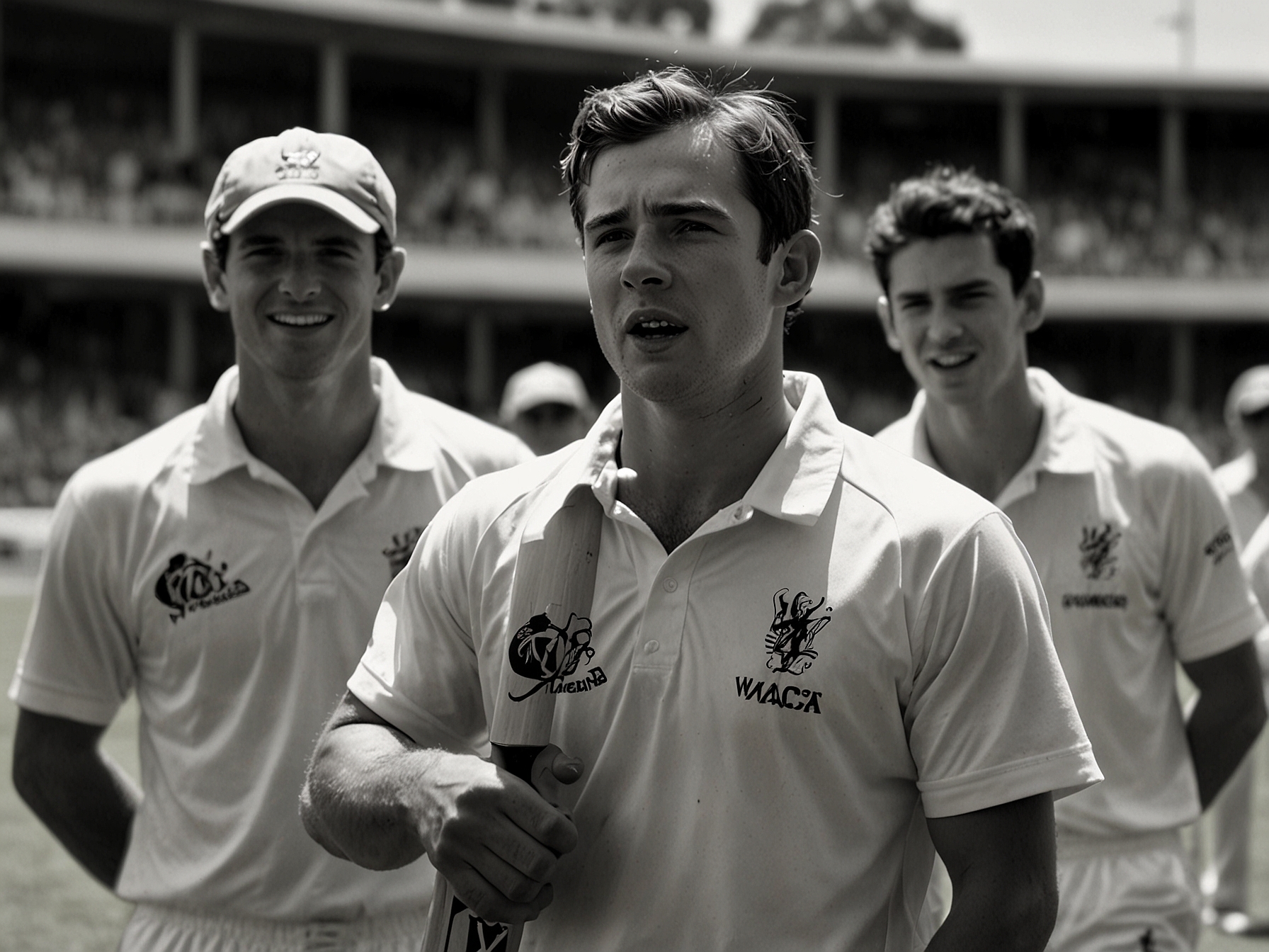Nathan McSweeney standing on the WACA pitch, looking focused and determined, with the iconic stadium backdrop, capturing the essence of a debutante in the world of Test cricket.