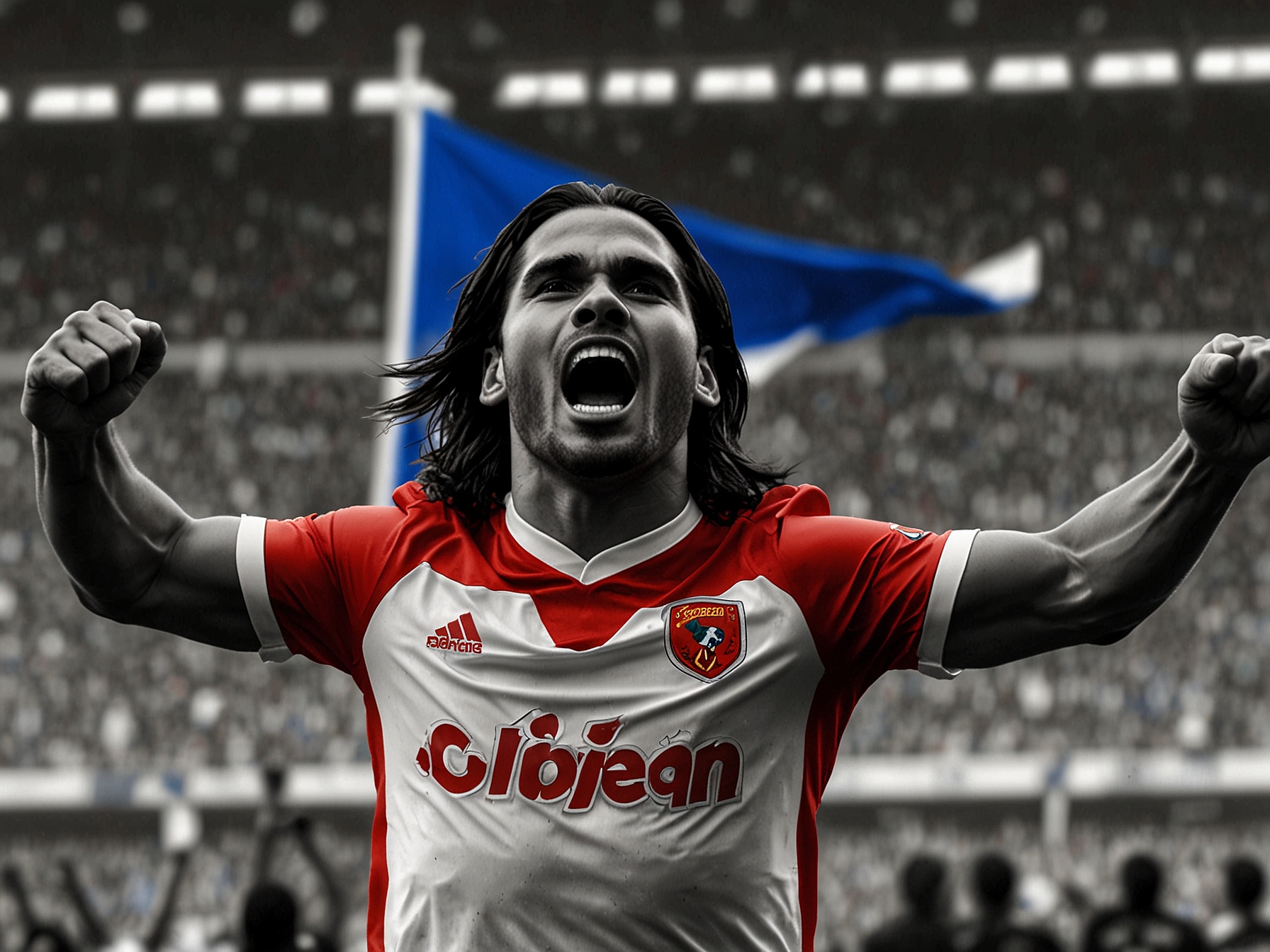 Radamel Falcao celebrates after scoring a stunning header at El Campín, surrounded by ecstatic Millonarios fans waving their flags and cheering in excitement.