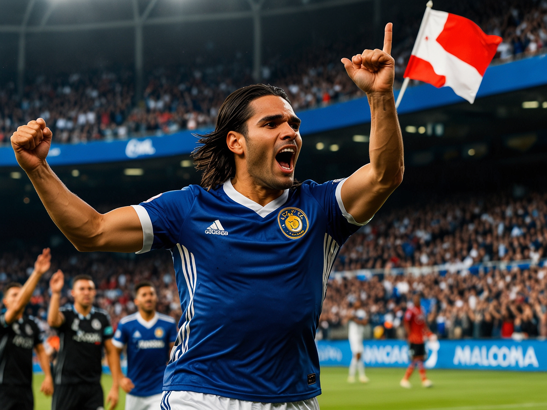 Millonarios players huddle together in celebration after scoring a goal, with expressions of joy and determination evident on their faces, showcasing team spirit.