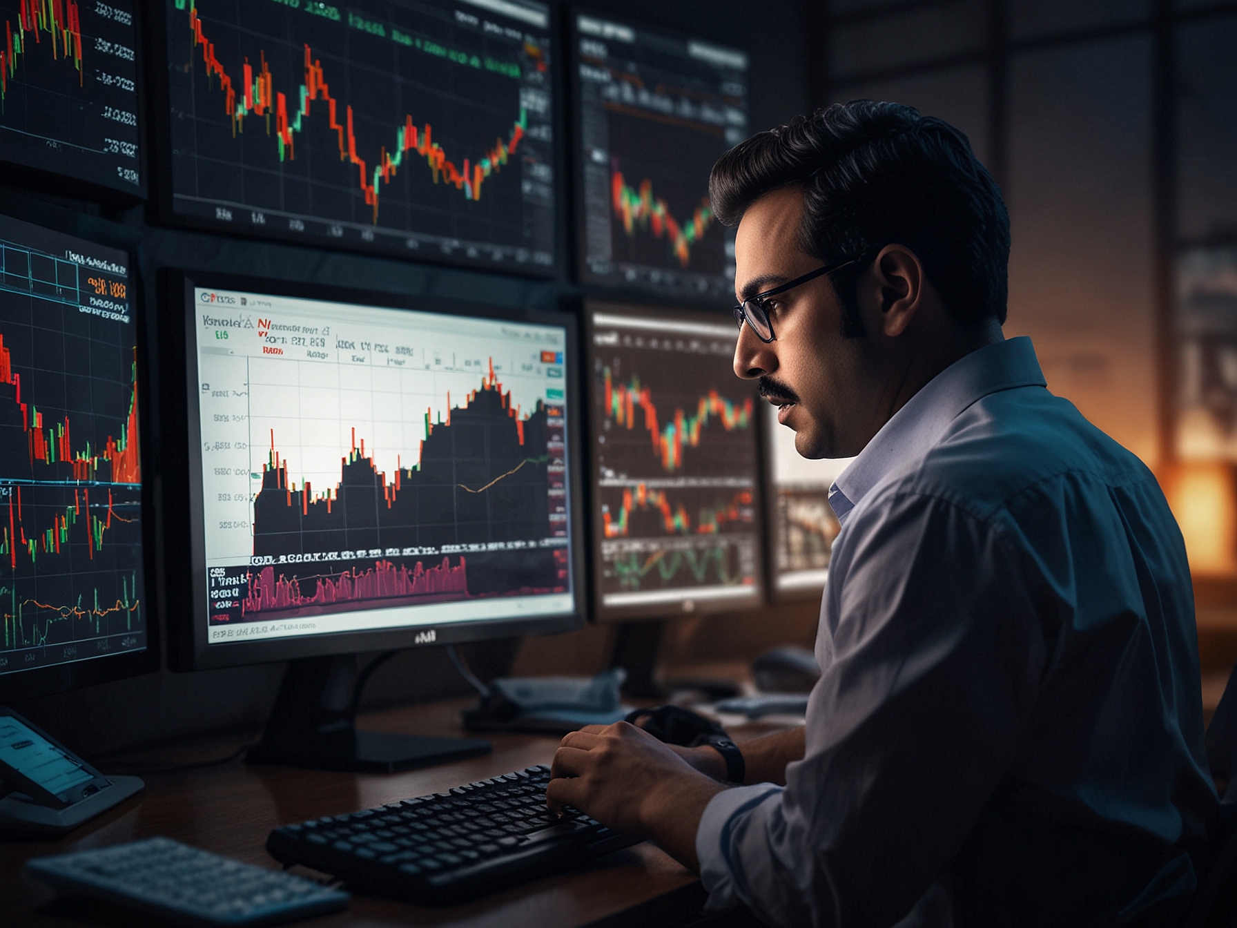 A financial analyst examines stock charts showcasing the recent plunge in Adani Total Gas shares, with graphs indicating volatility and investor sentiment. The background features trading screens reflecting market activity.