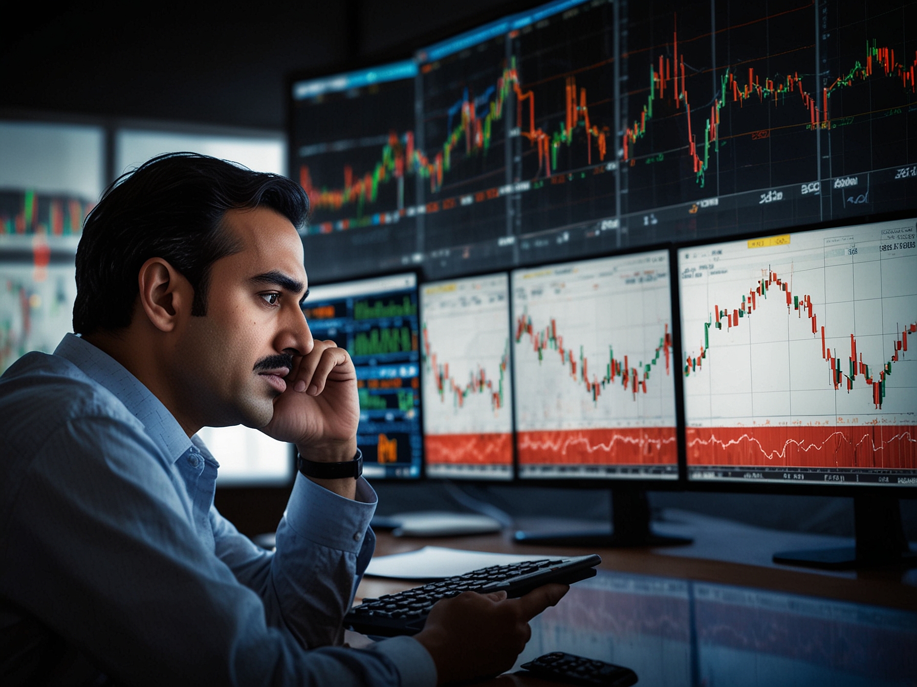A close-up of stock trading screens displaying the downturn in Adani Total Gas share prices, alongside news headlines about fraud allegations, highlighting the impact on investor confidence.