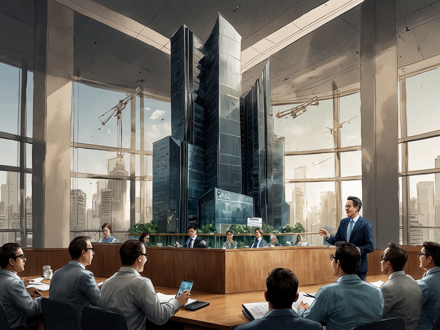 A busy stock trading floor with brokers analyzing IPO details, emphasizing the excitement and urgency of Enviro Infra Engineers' IPO launch.