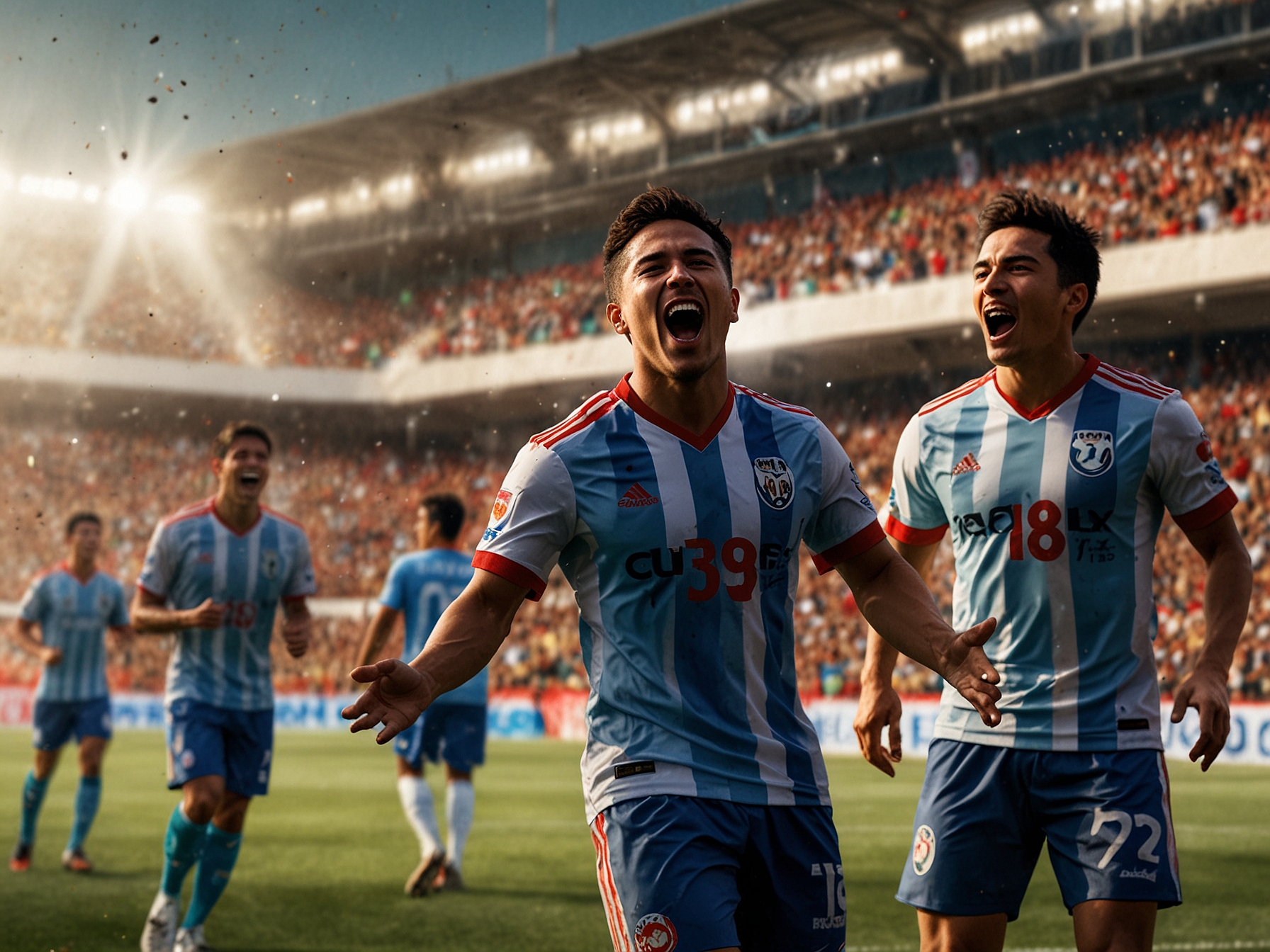 A dynamic scene from the Liga de Expansión MX final featuring Tapatío players celebrating their first goal against Celaya, with passionate fans cheering in the stadium.