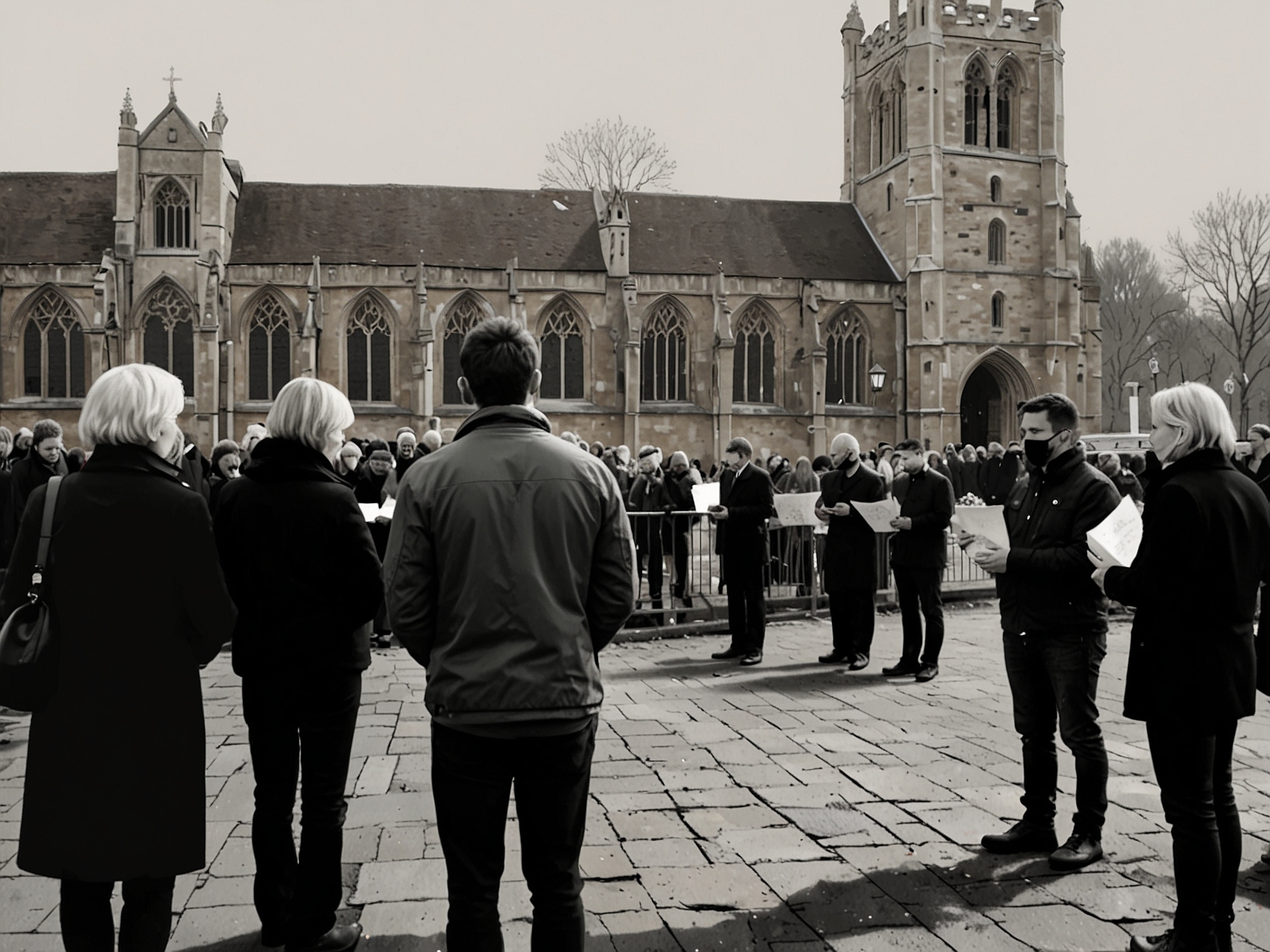 A somber scene outside St. Mary’s Church in Amersham, with mourners holding flowers and notes, embodying the shared sorrow and love for Liam Payne.