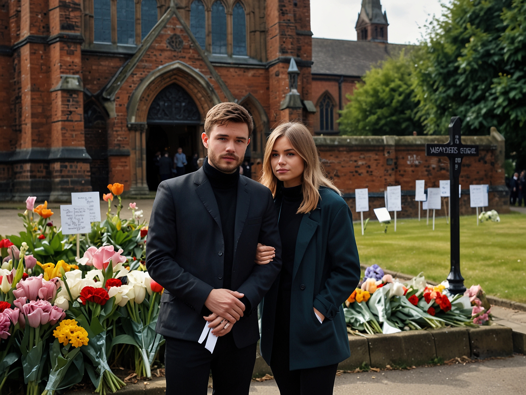 Simon Cowell standing consolingly beside Liam Payne's parents, Geoff and Karen, both looking visibly heartbroken at the funeral service.