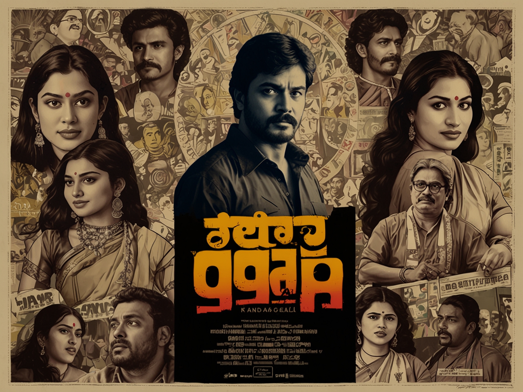 A vibrant collage of movie posters from latest Kannada films including 'Bagheera', 'Martin', and 'Bhairathi Ranagal', showcasing the diversity in themes and characters.