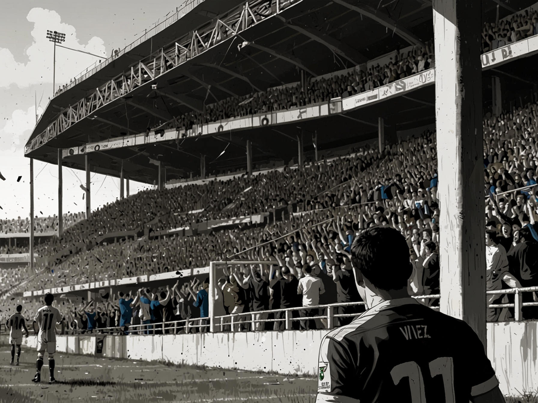 A split-screen image showing the referees making a call on the field and a frustrated Centurión on the sidelines, encapsulating the emotional turmoil between players and officials in critical game moments.