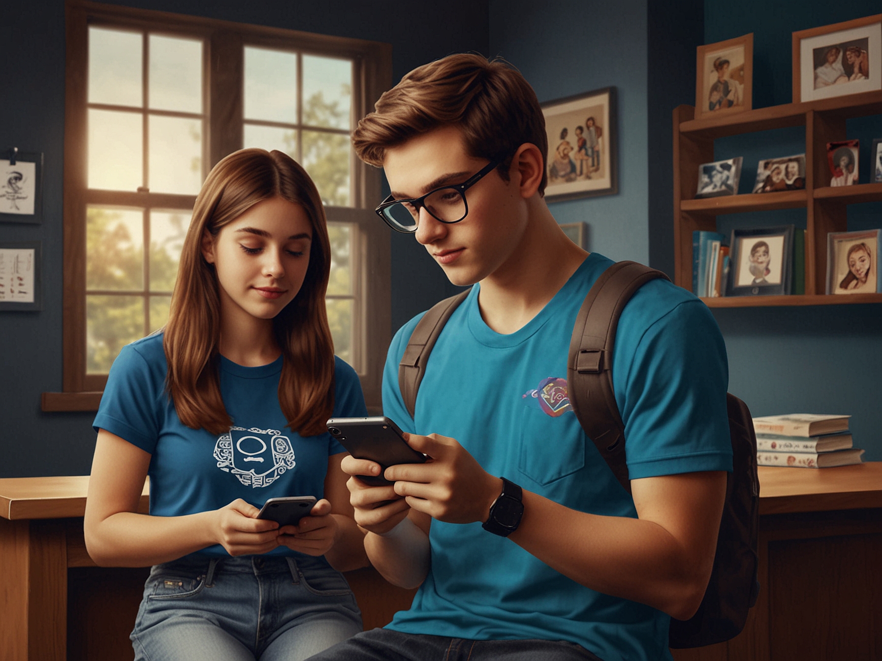 A positive scene of a diverse group of teenagers happily using their smartphones, representing the potential benefits of the new Instagram safety tools in a supportive environment.