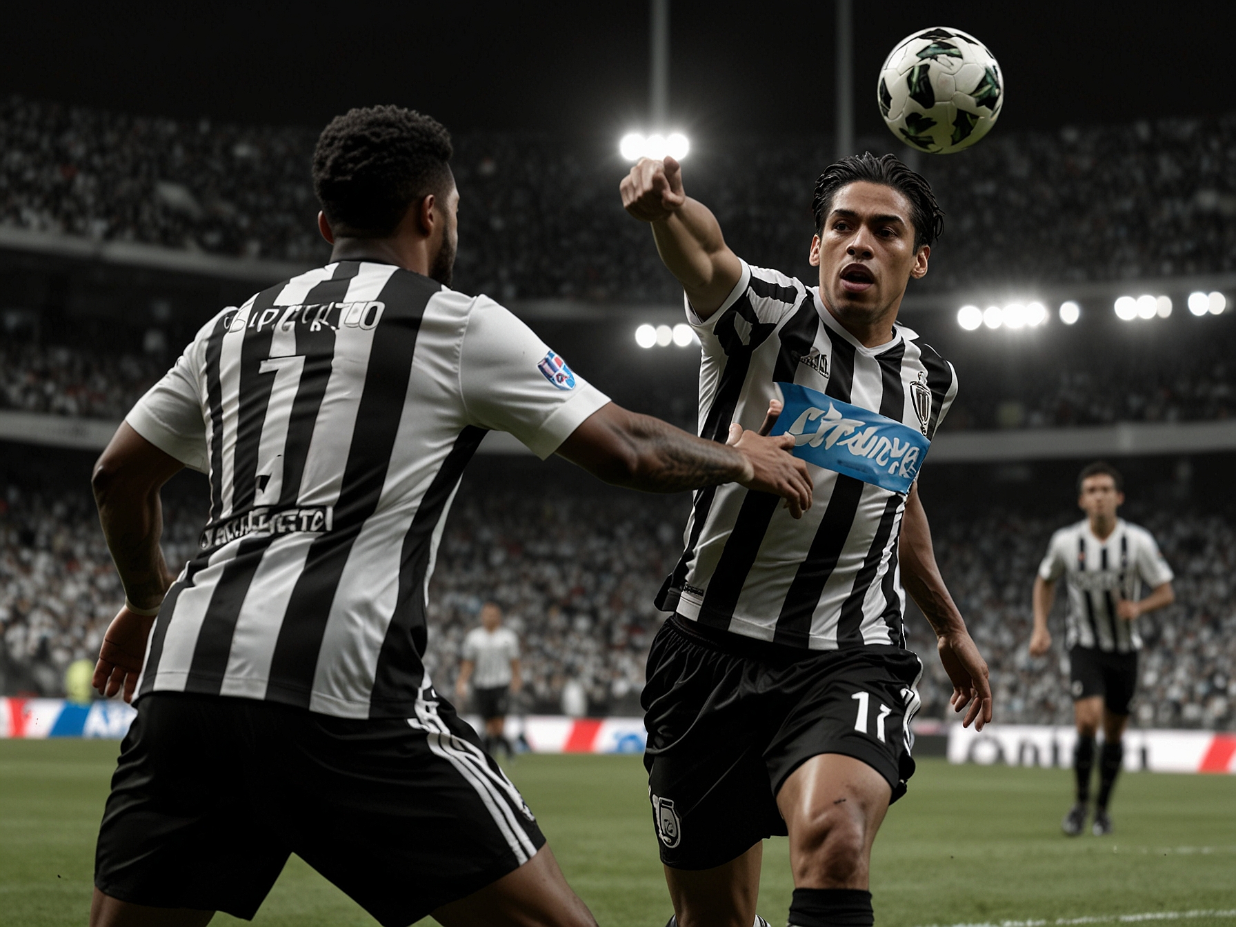 An action shot from the match featuring players from Atlético Mineiro and Botafogo competing for the ball, displaying the intensity and strategic gameplay on the field.