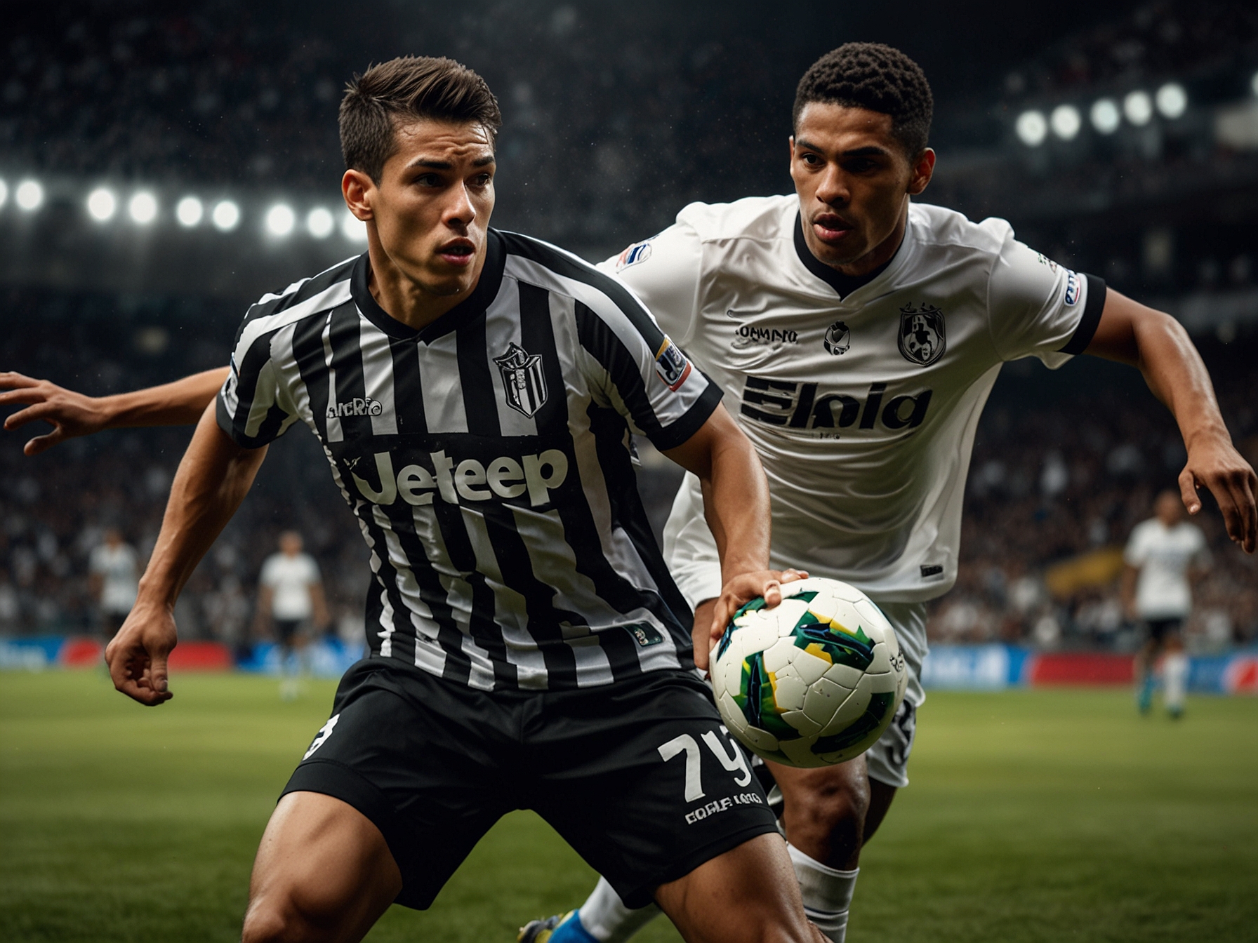 Thiago Almada in action, surrounded by Atlético Mineiro defenders, illustrating the pressure and effort he exerted in trying to create scoring opportunities.