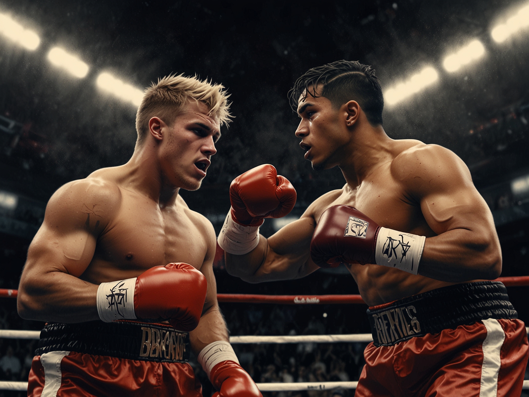 A dramatic image depicting Jake Paul and Julio César Chávez Jr. in a boxing ring, with intense expressions and their fists raised, symbolizing the clash of their contrasting worlds in the boxing arena.