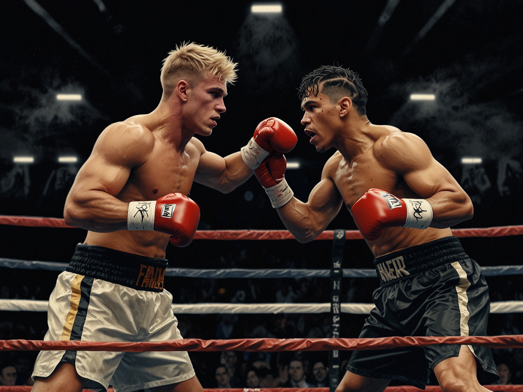 An illustration showing fans in a packed arena eagerly watching a boxing match, capturing the excitement and anticipation surrounding the potential fight between Jake Paul and Julio César Chávez Jr.