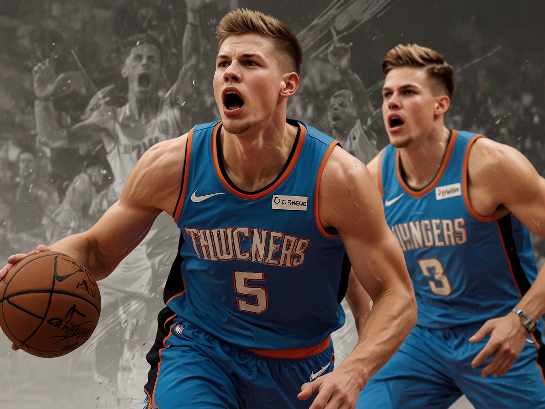 An action shot of Franz Wagner and Moritz Wagner struggling on the court against the Clippers, while Isaiah Hartenstein showcases his strong return with the Thunder depicted in a more triumphant pose.