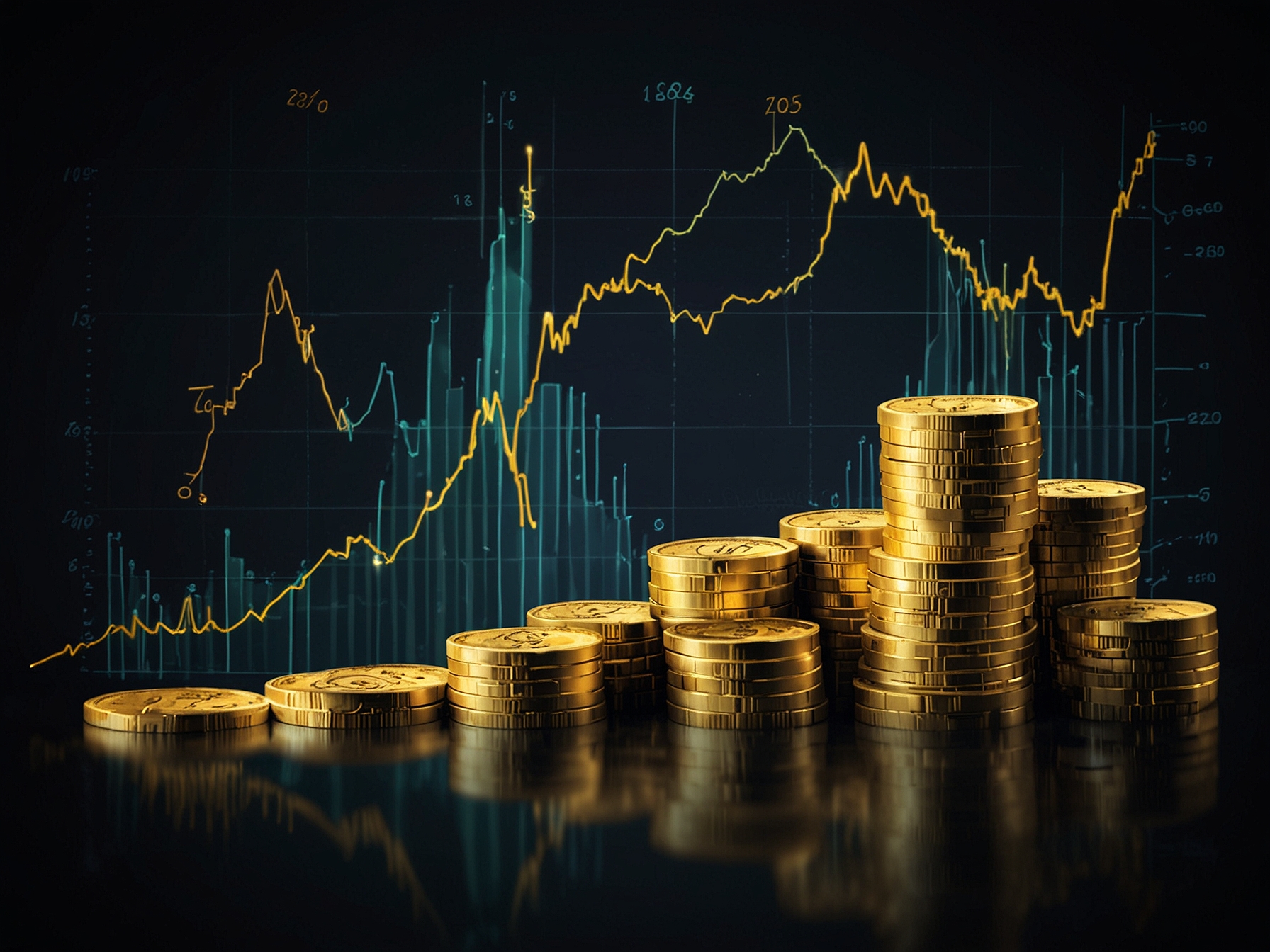 An upward trend line chart showing fluctuating gold prices with coins in the background, symbolizing investment and market dynamics.