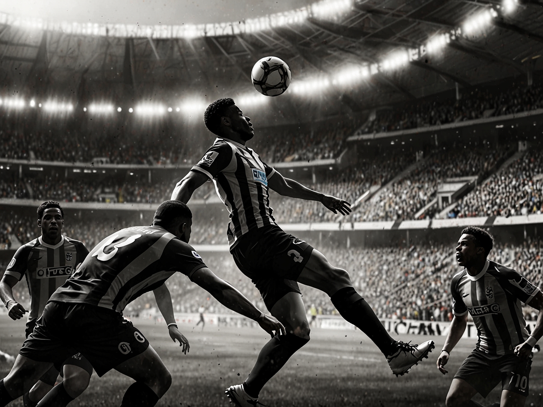 The Botafogo team celebrating a near goal while the Atlético Mineiro players look on anxiously, highlighting the thrill and pressure of the Brasileirão title race amid dramatic gameplay.