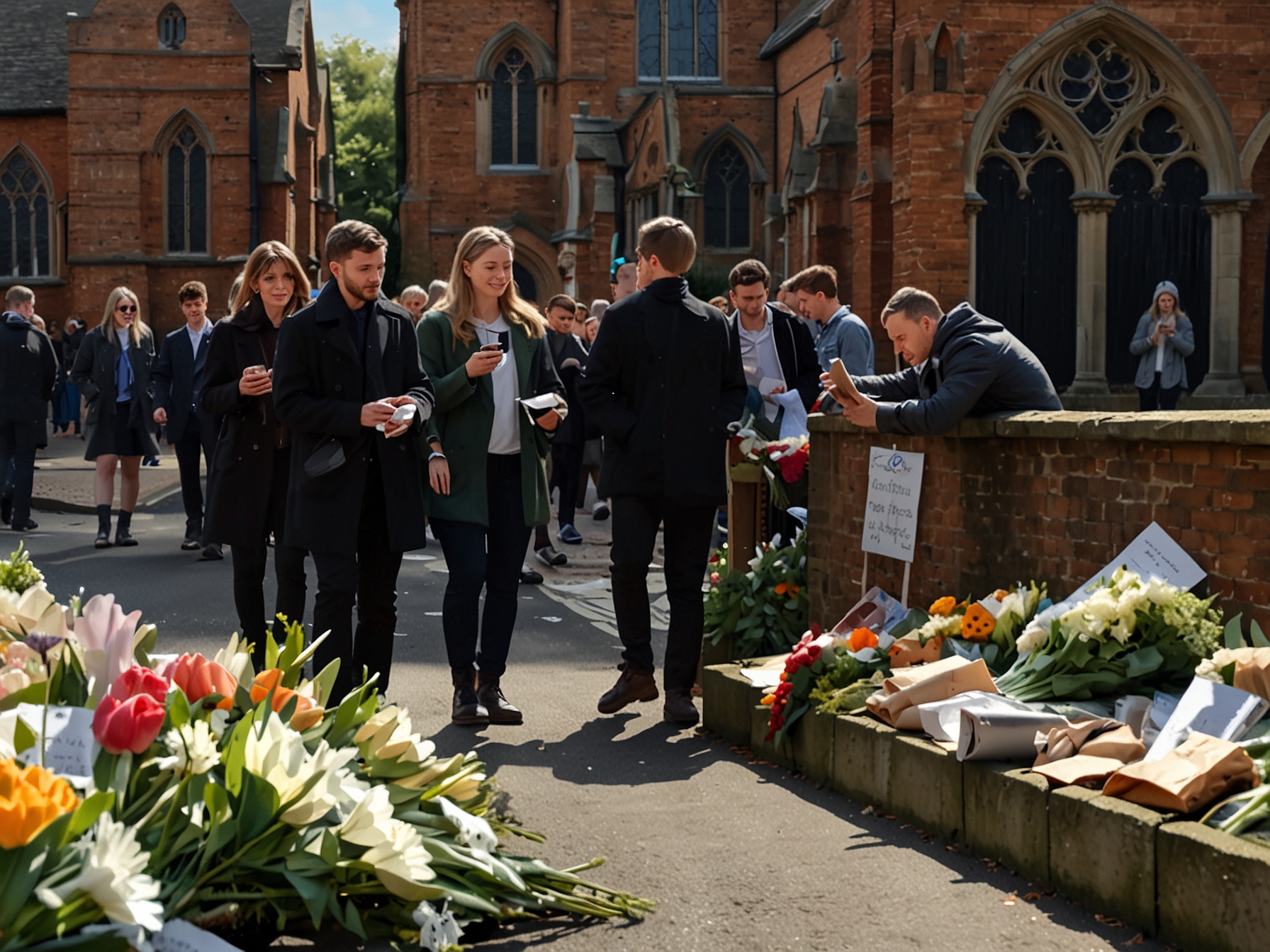 An intimate moment inside the church, with friends and family gathered around the floral tributes spelling out 'Son' and 'Daddy', symbolizing Liam Payne's cherished family life.