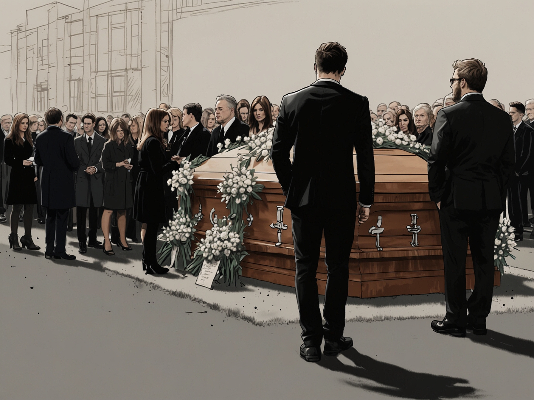 An emotional scene from Liam Payne's funeral, showcasing attendees including Cheryl and former bandmates in a somber atmosphere, with flowers and photographs remembering the late star.