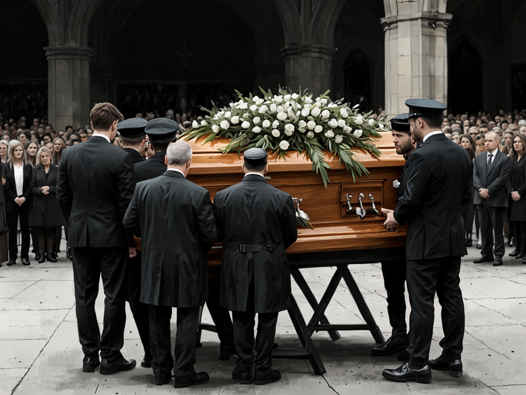 Cheryl holding a photo of Liam and their son Bear at the funeral, surrounded by friends and family, highlighting the personal loss amidst public mourning.